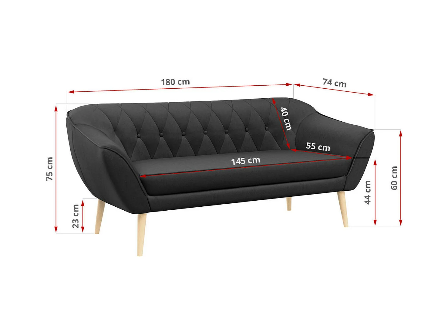 Sofa PIRS - 3-Sitzer Skandinavischer Sofa, mit Armlehnen, Holzbeine - Grau Velvet