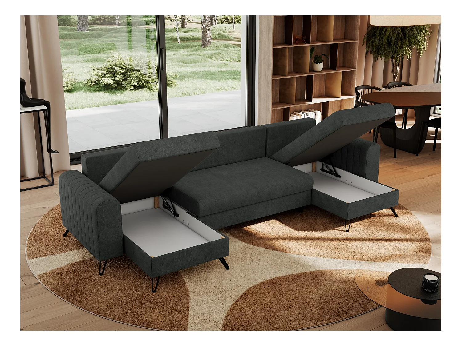 Ecksofa AXEL U, lose kissen, Ecksofa l-förmig, schlaffunktion und Bettkästen - Dunkelgrau Struktur