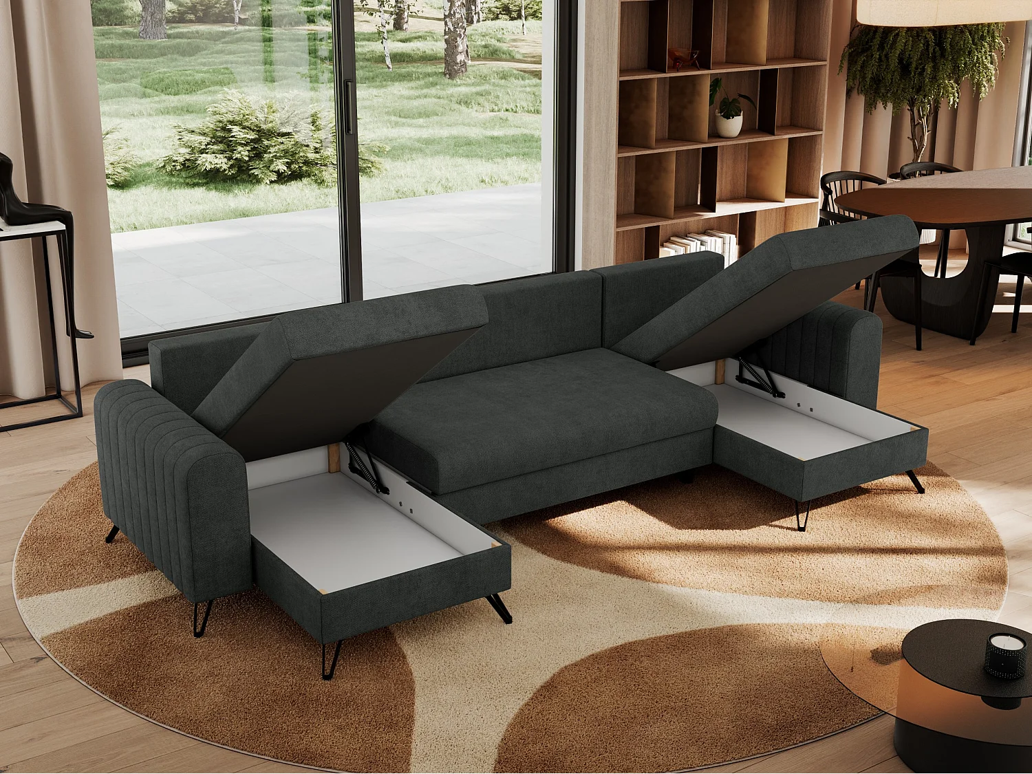 Ecksofa AXEL U, lose kissen, Ecksofa l-förmig, schlaffunktion und Bettkästen - Dunkelgrau Struktur