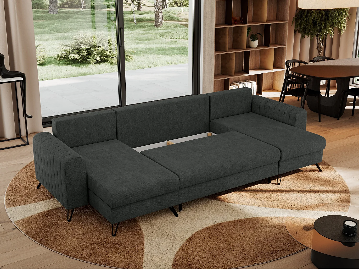 Ecksofa AXEL U, lose kissen, Ecksofa l-förmig, schlaffunktion und Bettkästen - Dunkelgrau Struktur