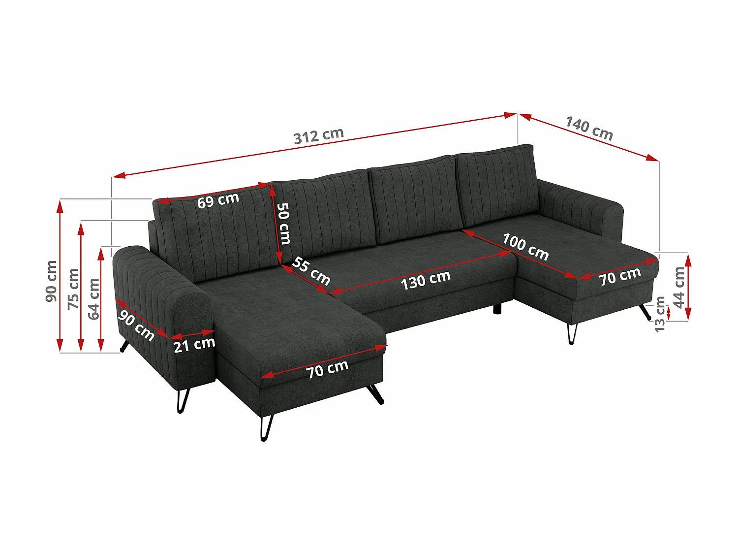 Ecksofa AXEL U, lose kissen, Ecksofa l-förmig, schlaffunktion und Bettkästen - Dunkelgrau Struktur