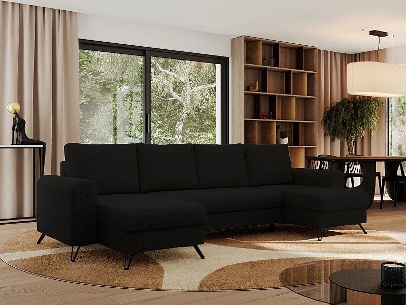 Ecksofa AXEL U, lose kissen, Ecksofa l-förmig, schlaffunktion und Bettkästen - Schwarz Boucle