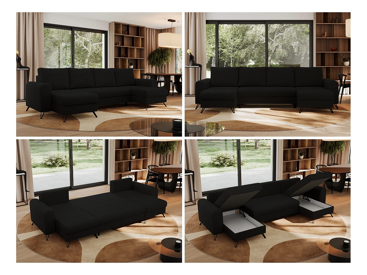 Ecksofa AXEL U, lose kissen, Ecksofa l-förmig, schlaffunktion und Bettkästen - Schwarz Boucle