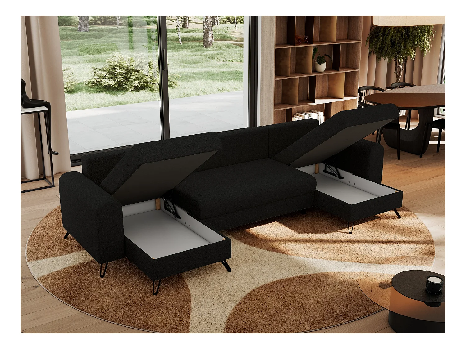 Ecksofa AXEL U, lose kissen, Ecksofa l-förmig, schlaffunktion und Bettkästen - Schwarz Boucle