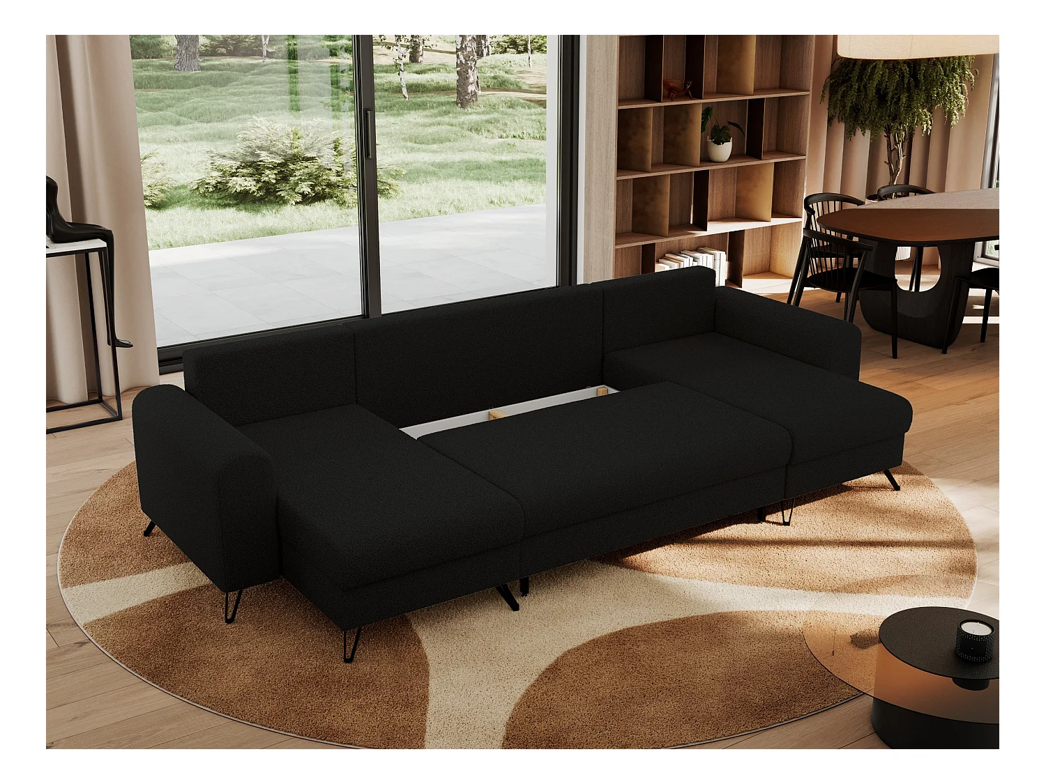 Ecksofa AXEL U, lose kissen, Ecksofa l-förmig, schlaffunktion und Bettkästen - Schwarz Boucle