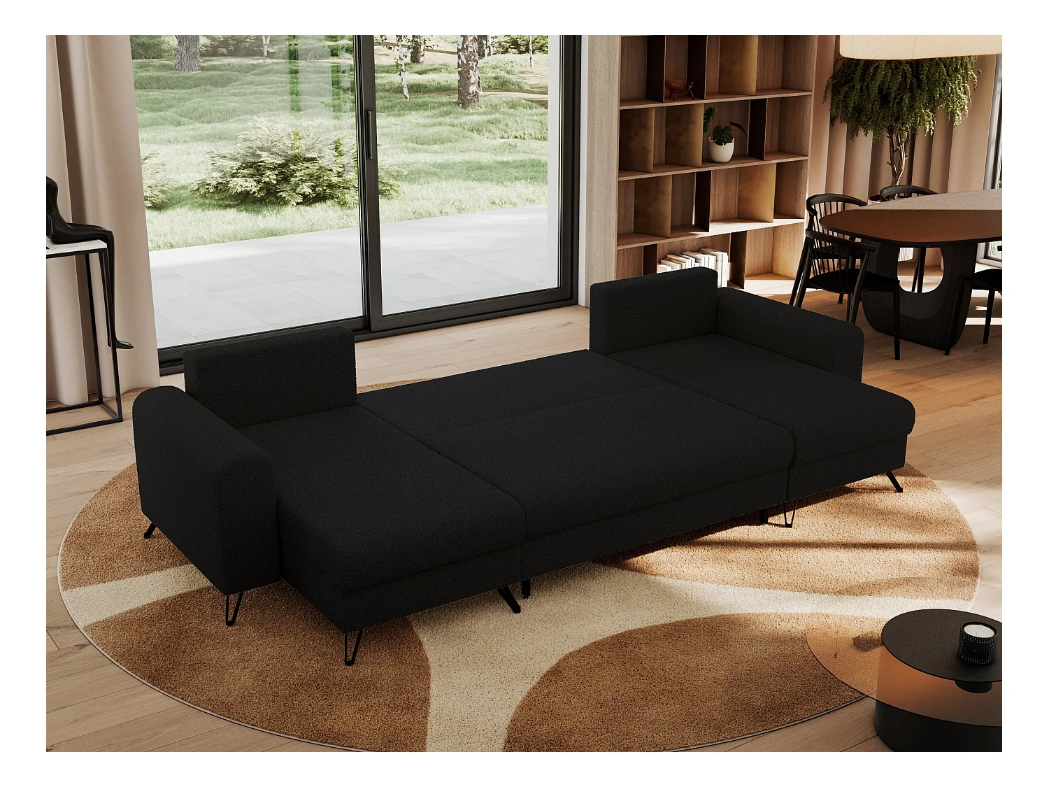 Ecksofa AXEL U, lose kissen, Ecksofa l-förmig, schlaffunktion und Bettkästen - Schwarz Boucle