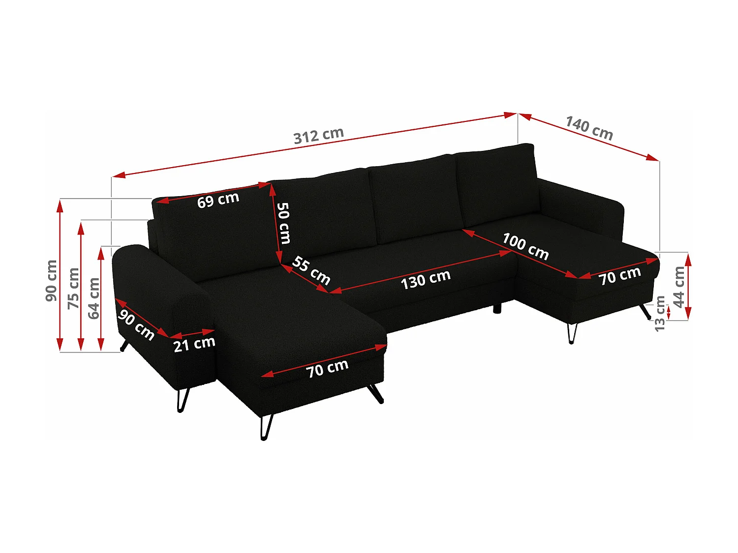 Ecksofa AXEL U, lose kissen, Ecksofa l-förmig, schlaffunktion und Bettkästen - Schwarz Boucle