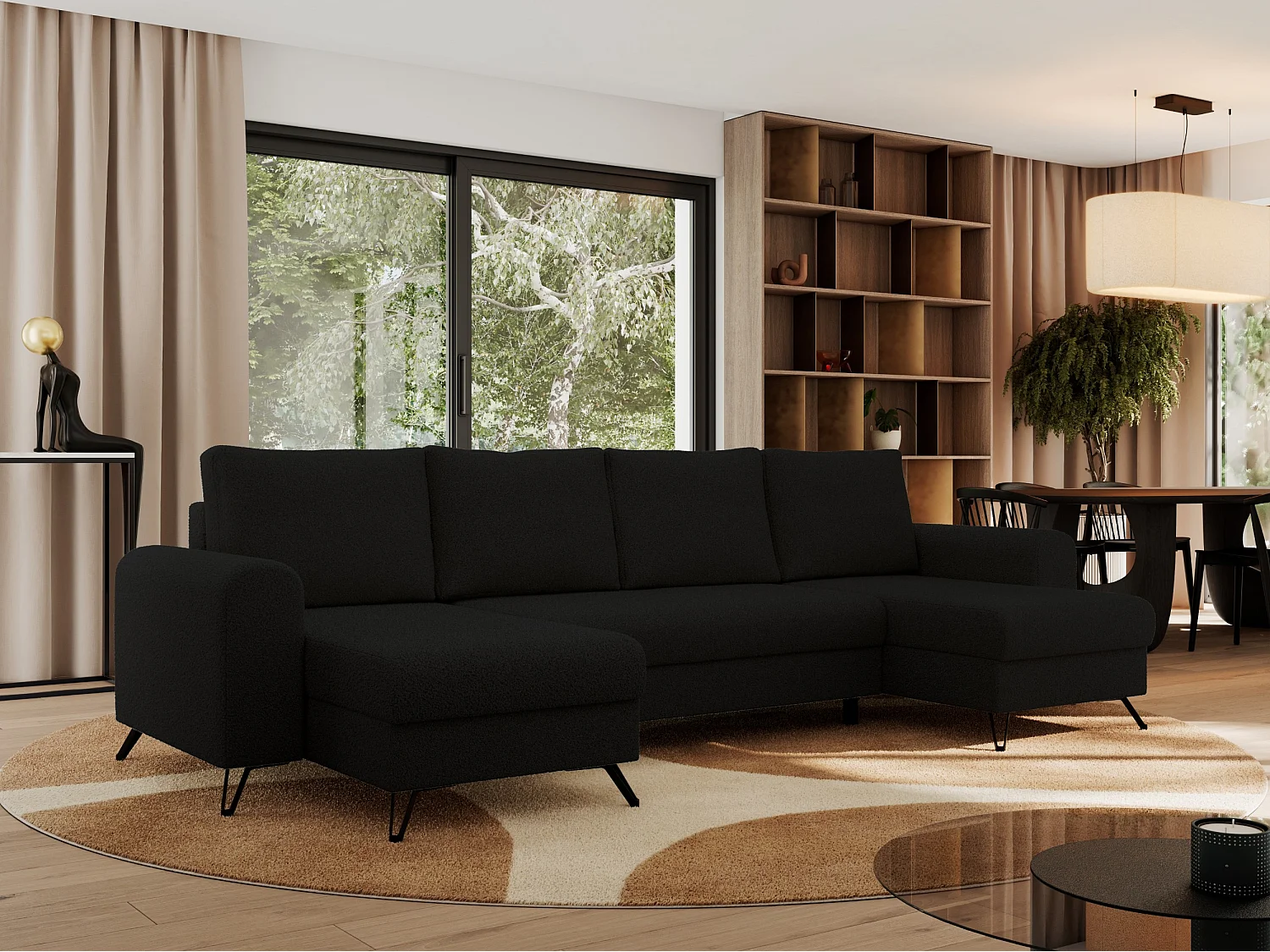 Ecksofa AXEL U, lose kissen, Ecksofa l-förmig, schlaffunktion und Bettkästen - Schwarz Boucle