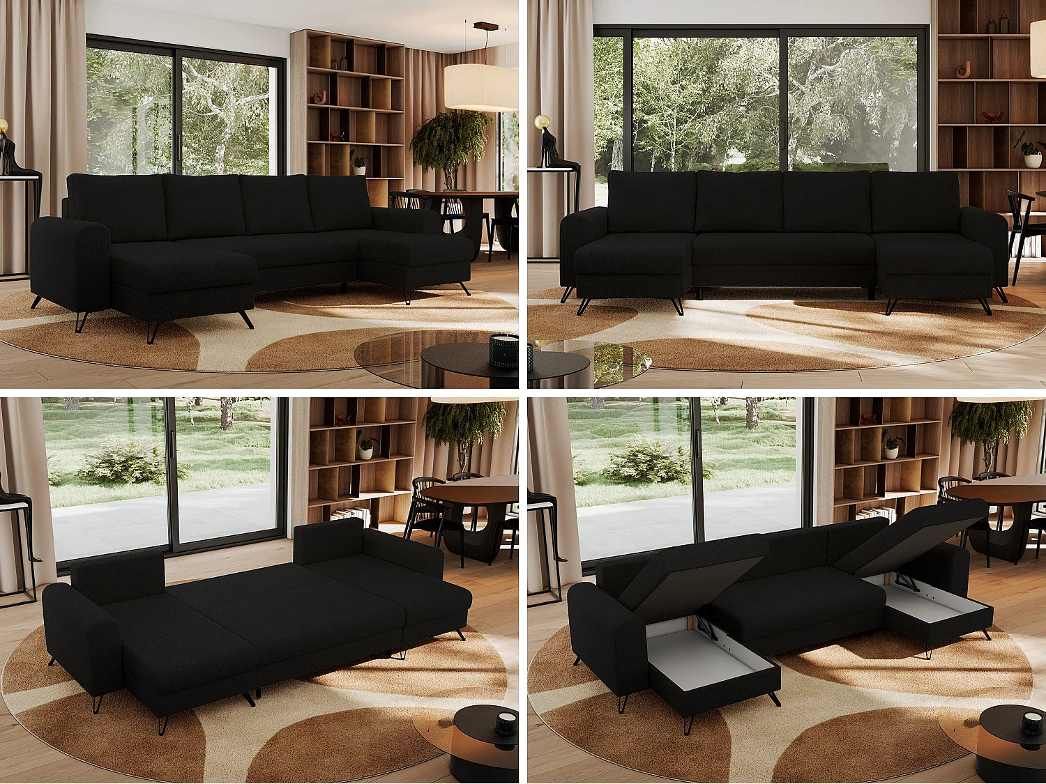 Ecksofa AXEL U, lose kissen, Ecksofa l-förmig, schlaffunktion und Bettkästen - Schwarz Boucle