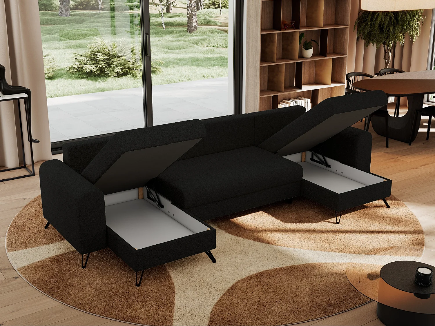 Ecksofa AXEL U, lose kissen, Ecksofa l-förmig, schlaffunktion und Bettkästen - Schwarz Boucle