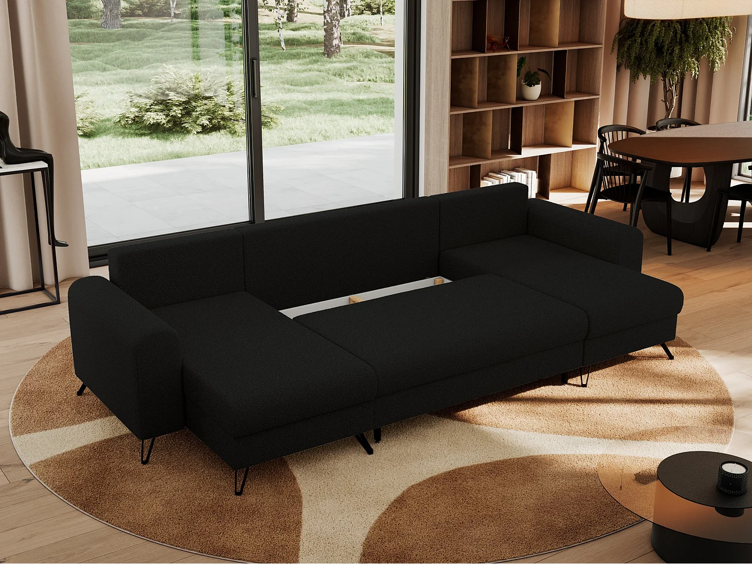 Ecksofa AXEL U, lose kissen, Ecksofa l-förmig, schlaffunktion und Bettkästen - Schwarz Boucle