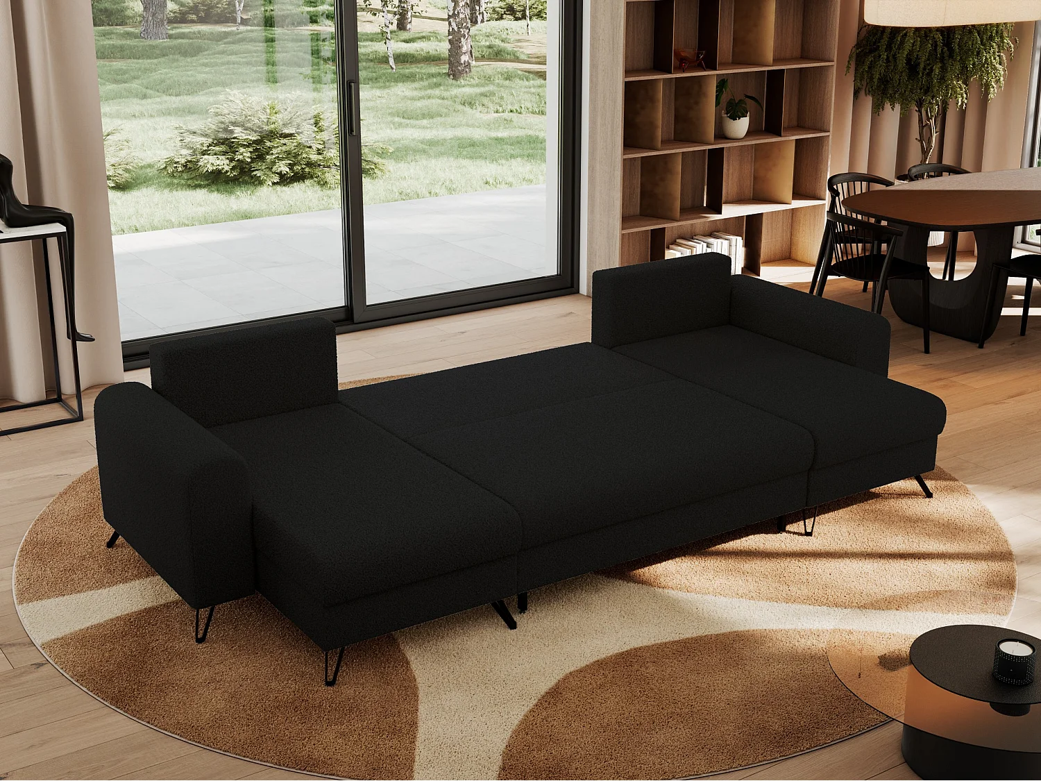 Ecksofa AXEL U, lose kissen, Ecksofa l-förmig, schlaffunktion und Bettkästen - Schwarz Boucle