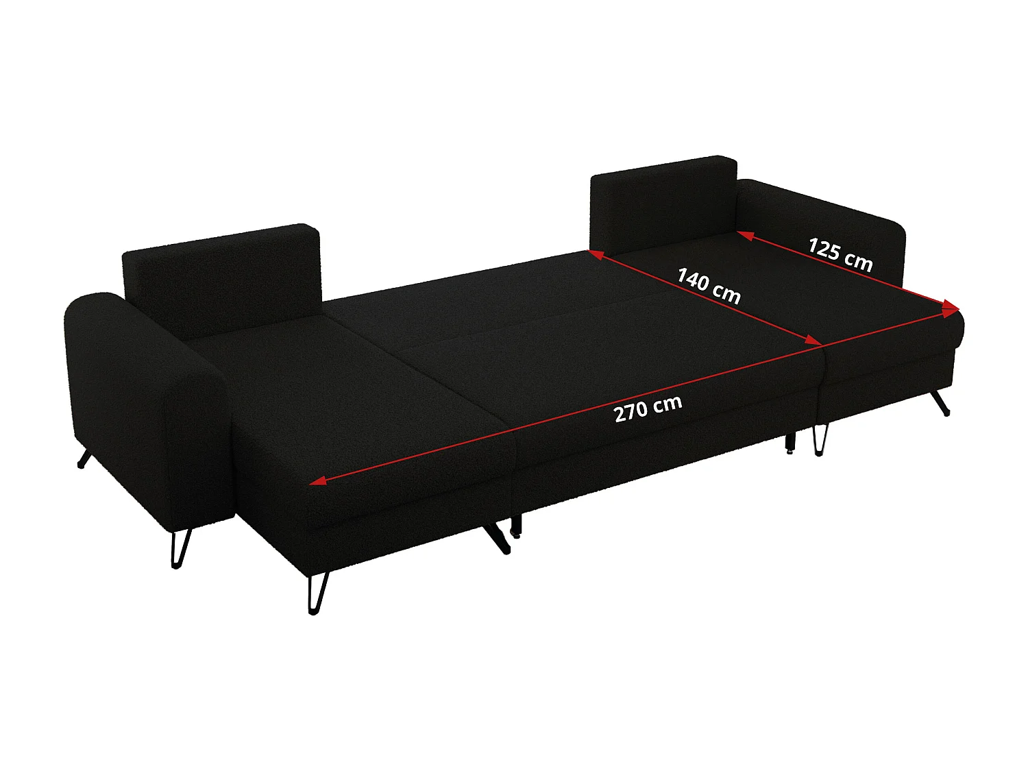 Ecksofa AXEL U, lose kissen, Ecksofa l-förmig, schlaffunktion und Bettkästen - Schwarz Boucle