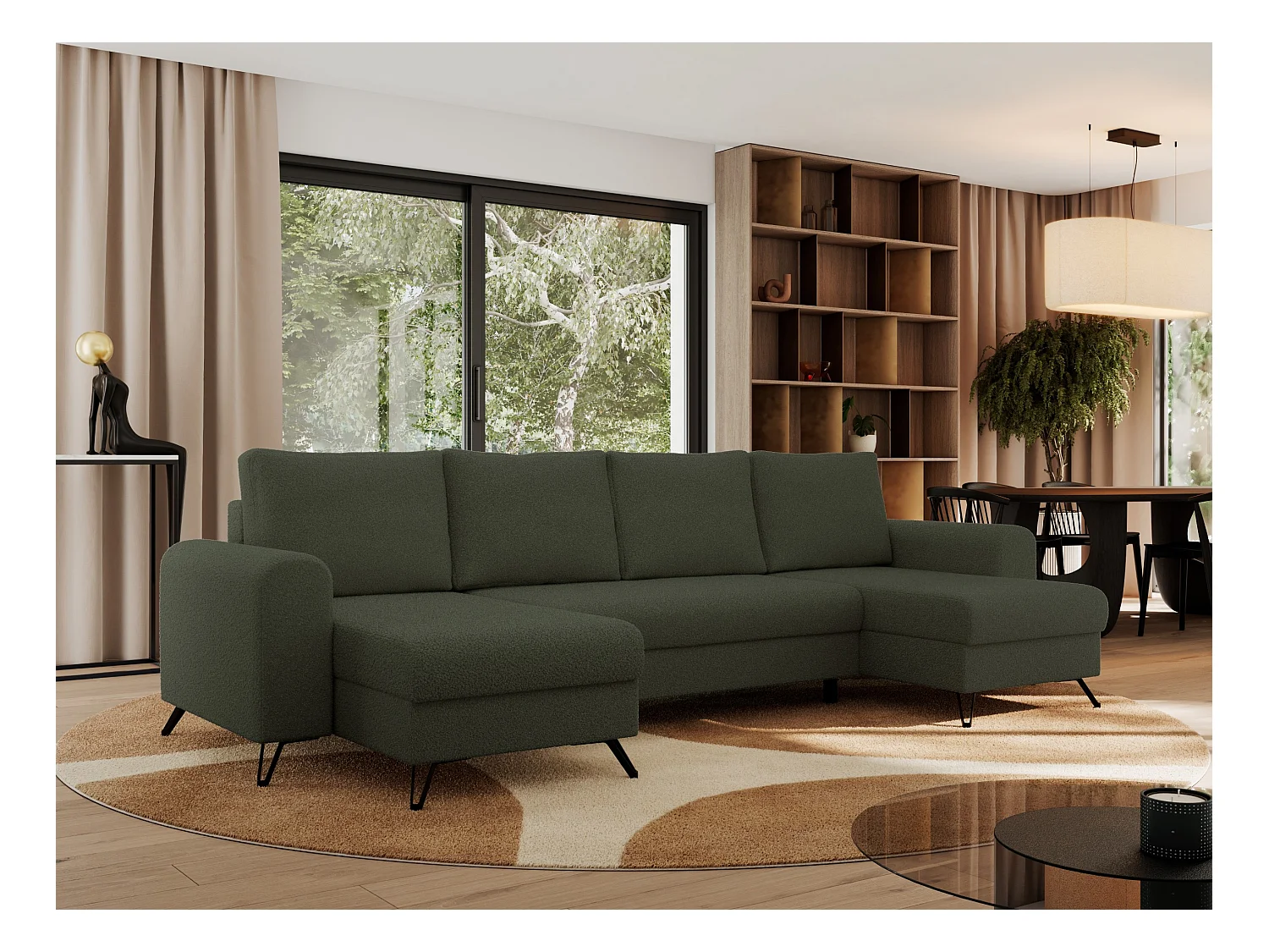 Ecksofa AXEL U, lose kissen, Ecksofa l-förmig, schlaffunktion und Bettkästen - Grün Boucle