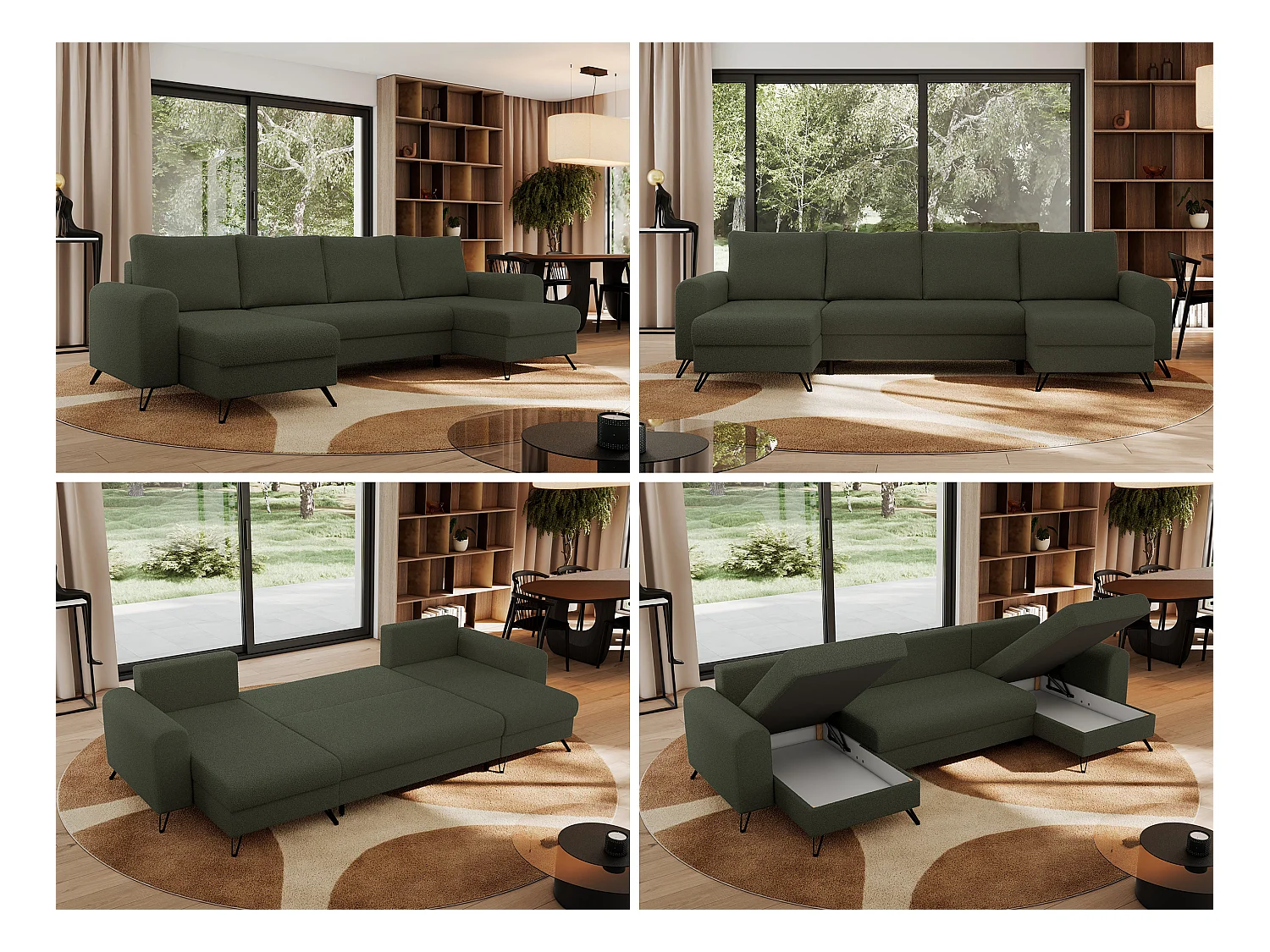 Ecksofa AXEL U, lose kissen, Ecksofa l-förmig, schlaffunktion und Bettkästen - Grün Boucle