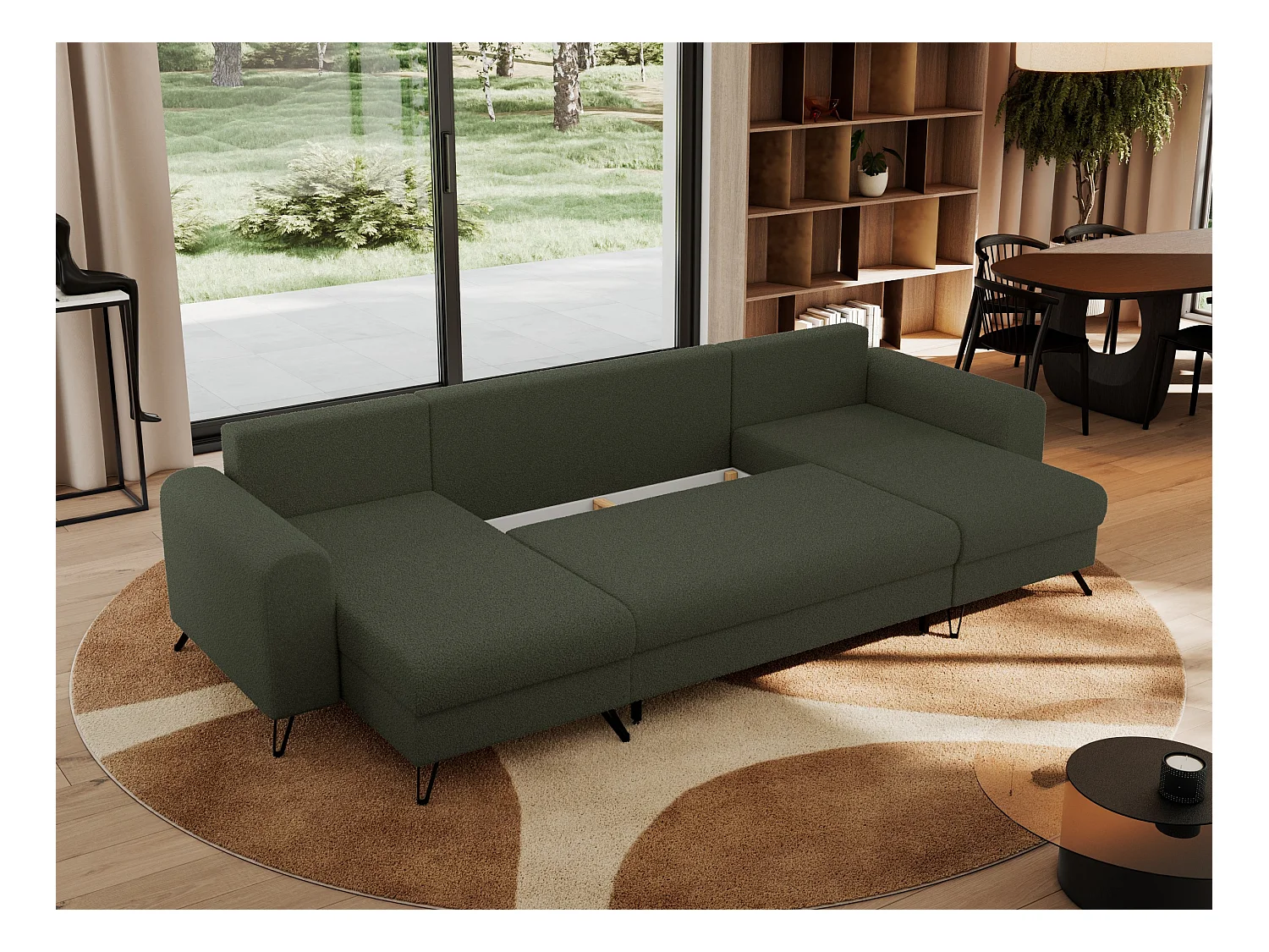 Ecksofa AXEL U, lose kissen, Ecksofa l-förmig, schlaffunktion und Bettkästen - Grün Boucle