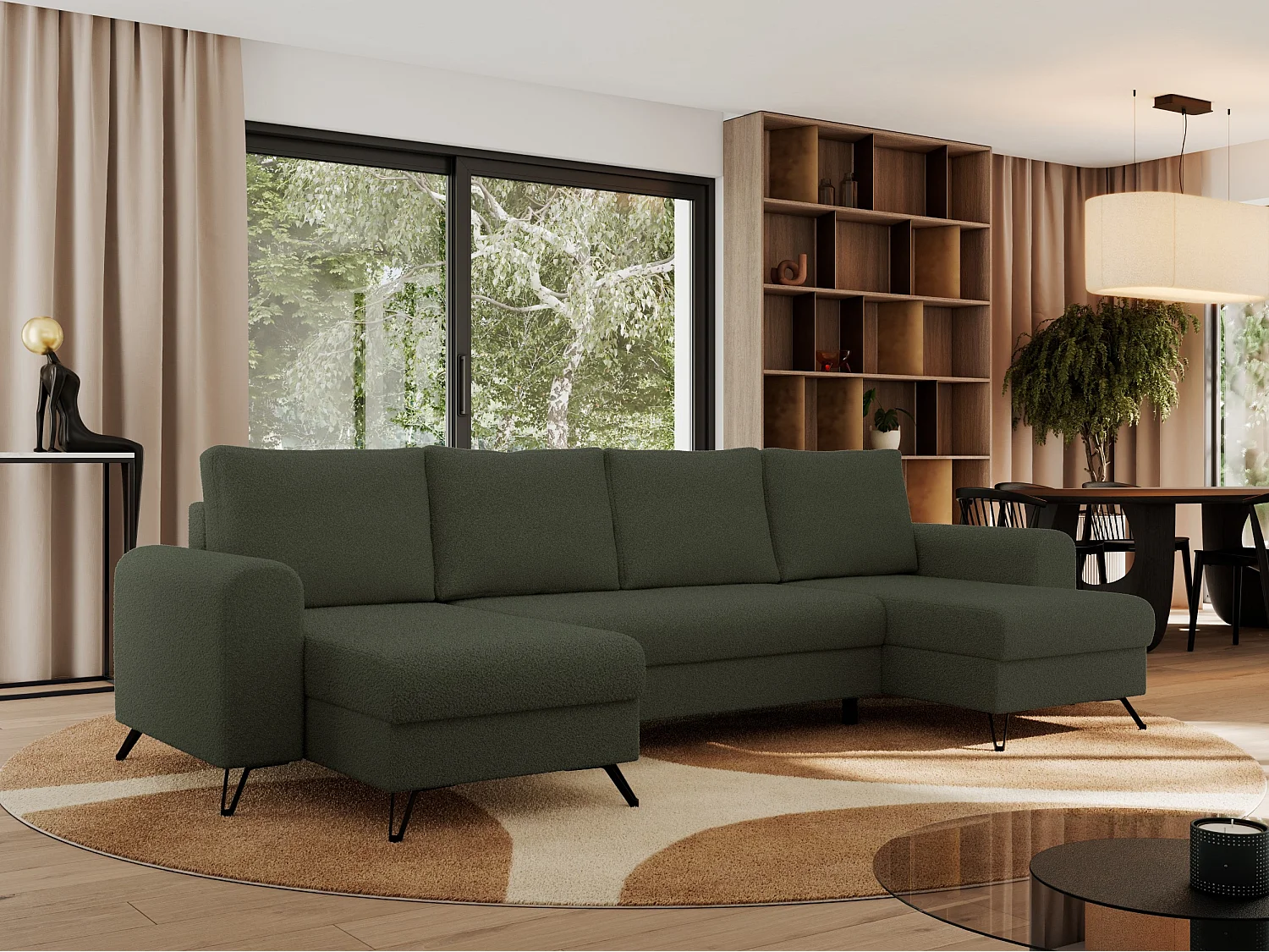 Ecksofa AXEL U, lose kissen, Ecksofa l-förmig, schlaffunktion und Bettkästen - Grün Boucle