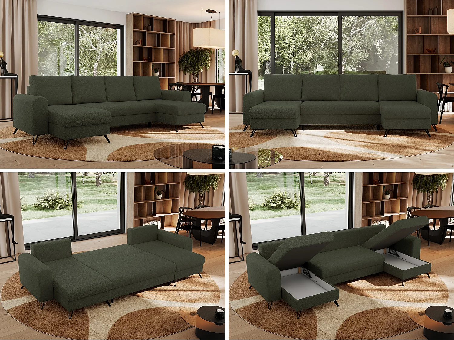 Ecksofa AXEL U, lose kissen, Ecksofa l-förmig, schlaffunktion und Bettkästen - Grün Boucle