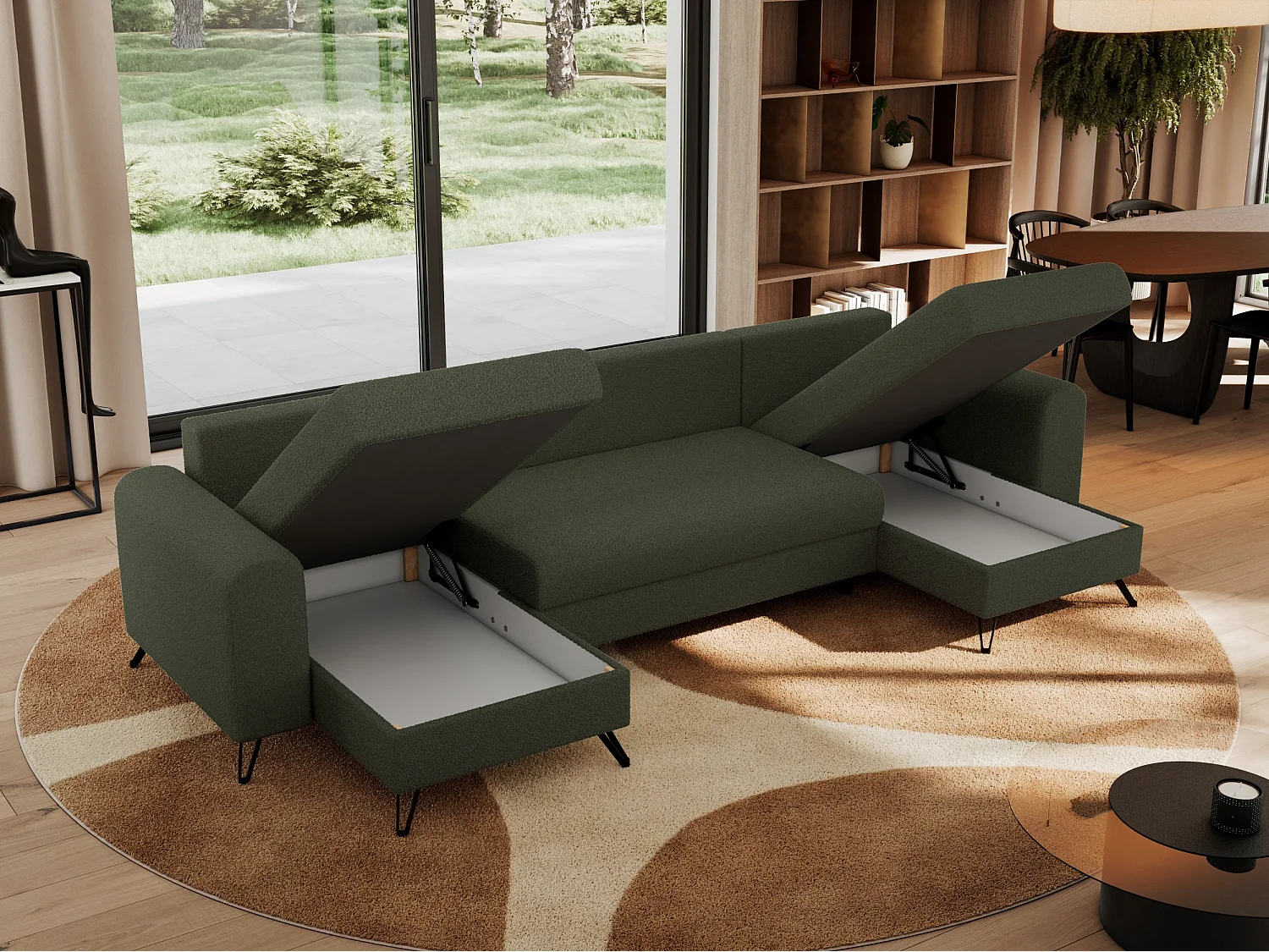 Ecksofa AXEL U, lose kissen, Ecksofa l-förmig, schlaffunktion und Bettkästen - Grün Boucle