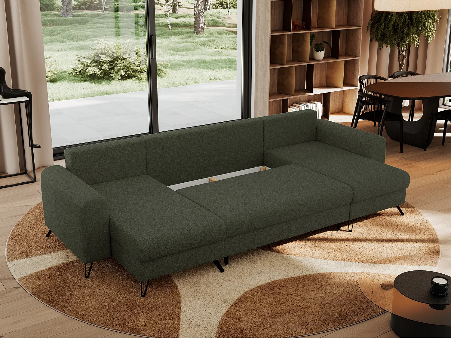 Ecksofa AXEL U, lose kissen, Ecksofa l-förmig, schlaffunktion und Bettkästen - Grün Boucle