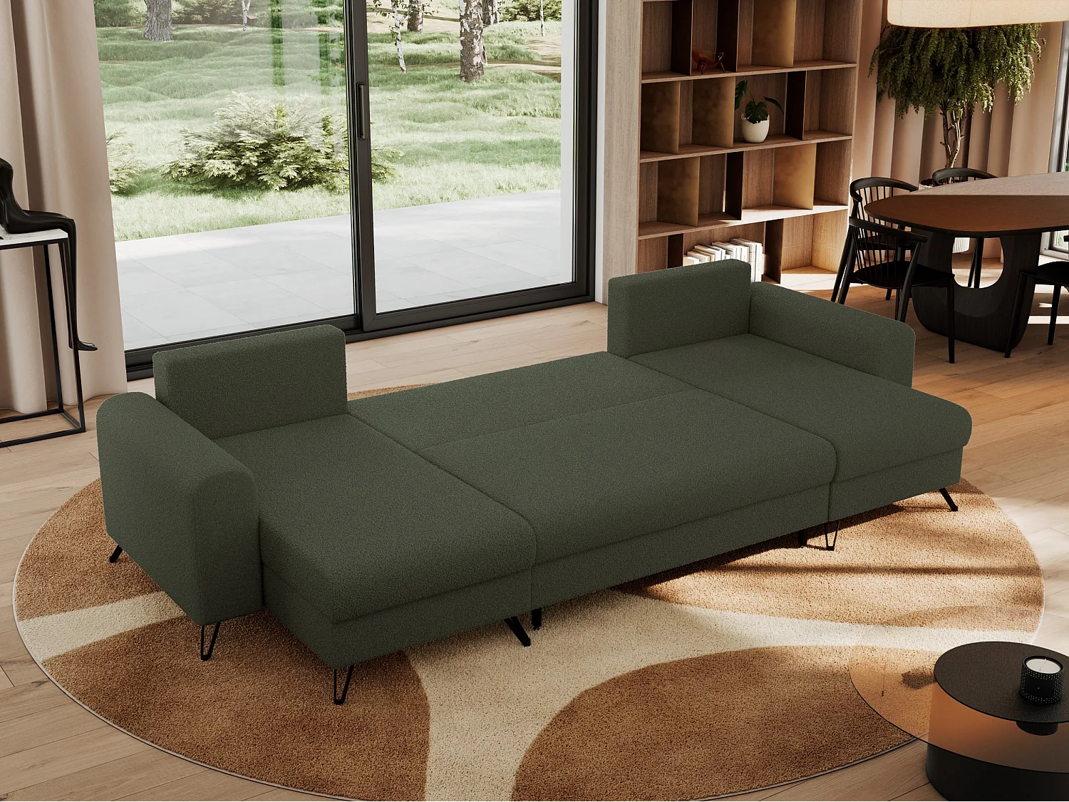 Ecksofa AXEL U, lose kissen, Ecksofa l-förmig, schlaffunktion und Bettkästen - Grün Boucle