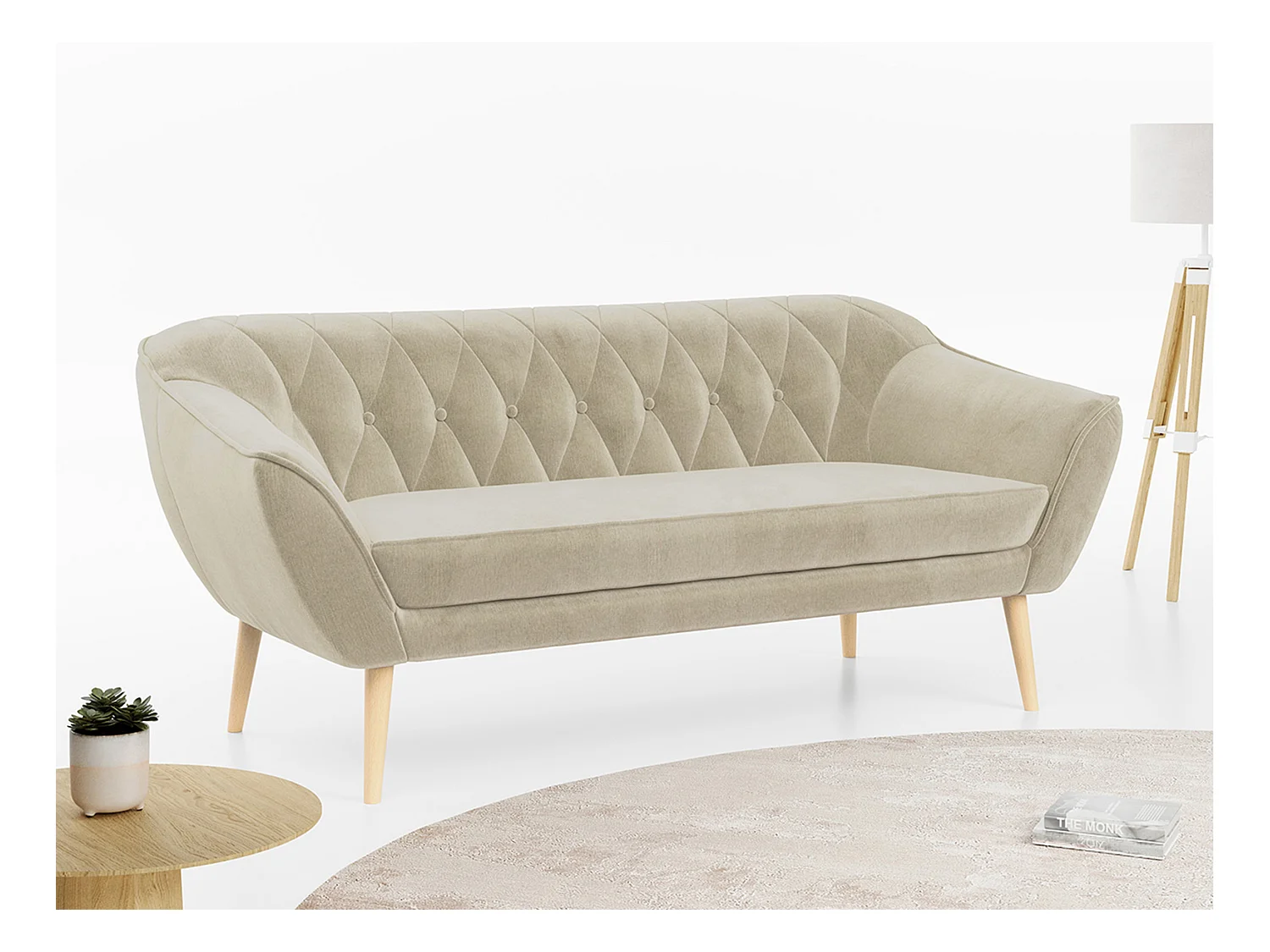 Sofa PIRS - 3-Sitzer Skandinavischer Sofa, mit Armlehnen, Holzbeine - Beige Velvet