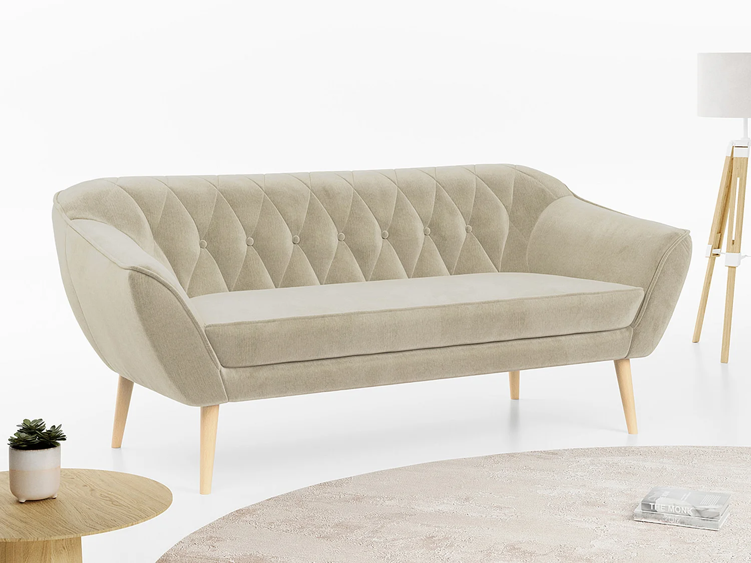 Sofa PIRS - 3-Sitzer Skandinavischer Sofa, mit Armlehnen, Holzbeine - Beige Velvet