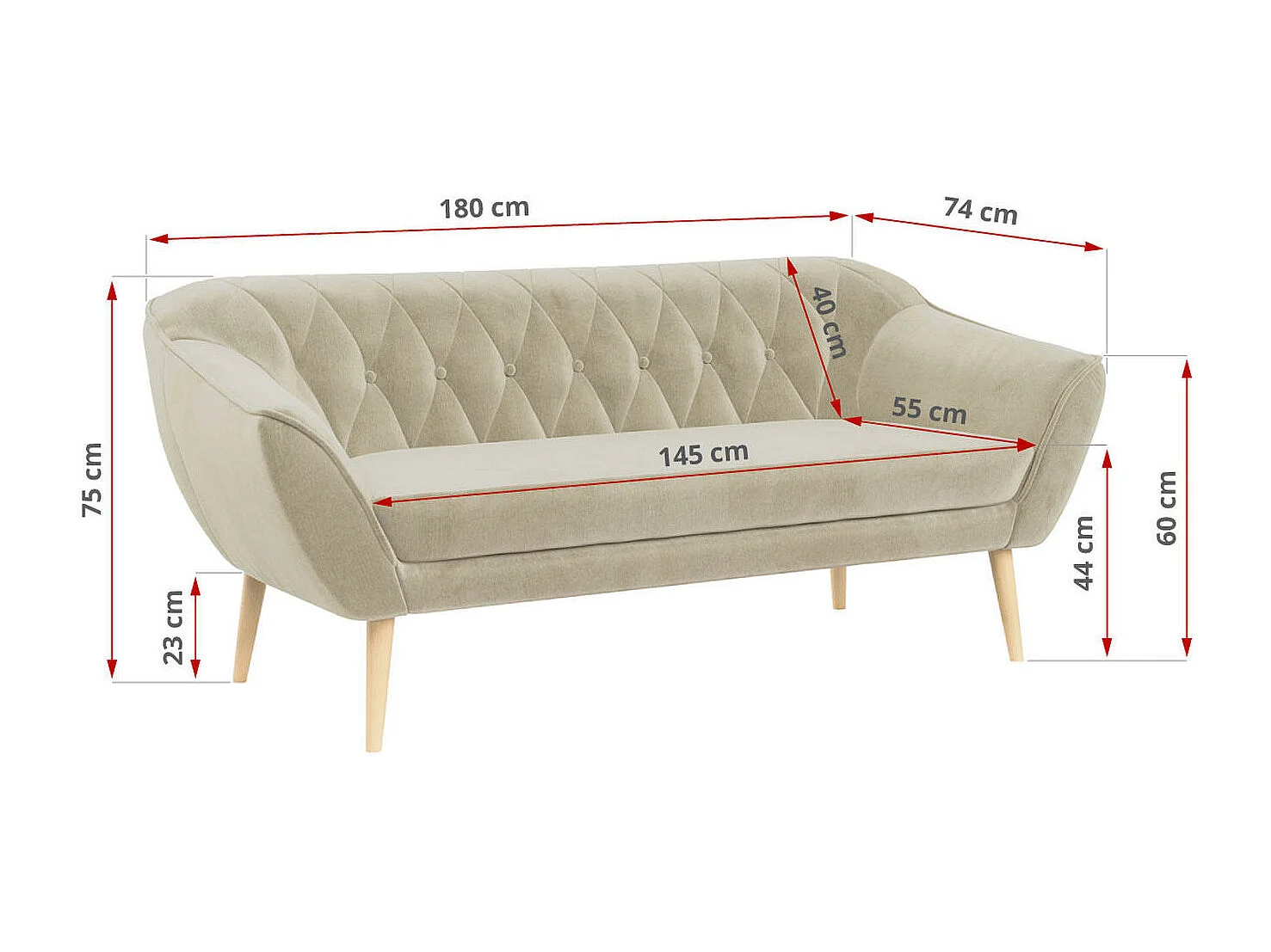 Sofa PIRS - 3-Sitzer Skandinavischer Sofa, mit Armlehnen, Holzbeine - Beige Velvet