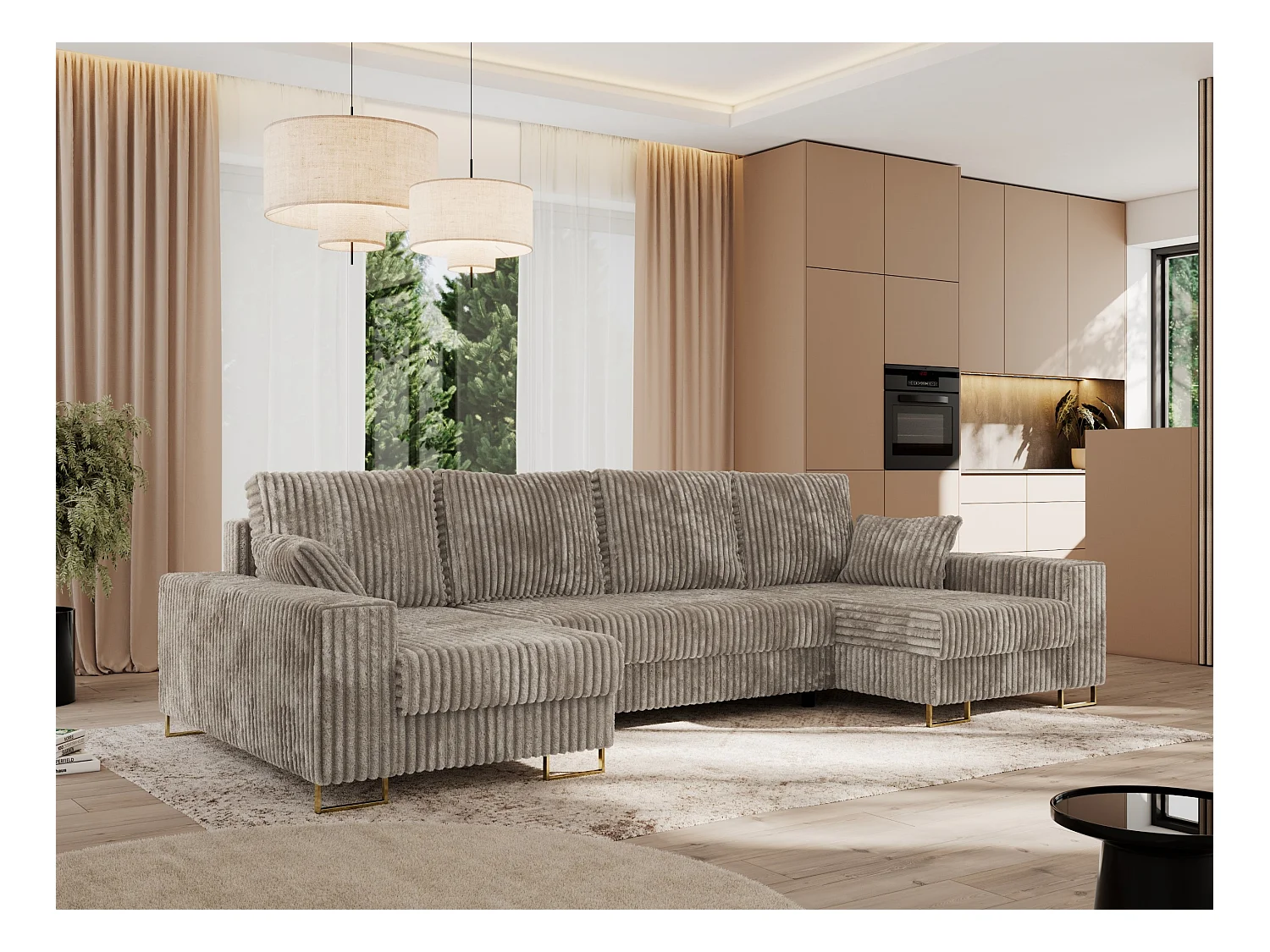 Ecksofa DORIAN U, Wohnlandschaft, Ecksofa mit Armlehnen, schlaffunktion und Bettkästen - Hellbraun Cord