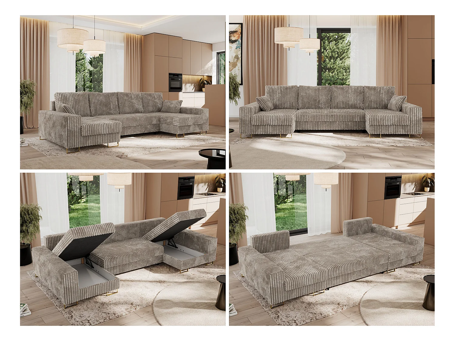 Ecksofa DORIAN U, Wohnlandschaft, Ecksofa mit Armlehnen, schlaffunktion und Bettkästen - Hellbraun Cord