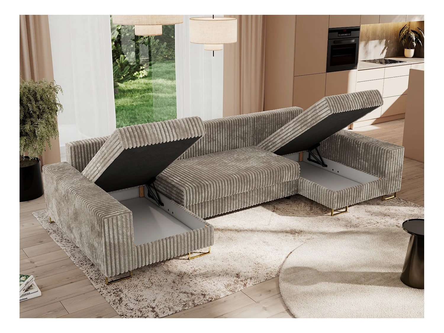 Ecksofa DORIAN U, Wohnlandschaft, Ecksofa mit Armlehnen, schlaffunktion und Bettkästen - Hellbraun Cord