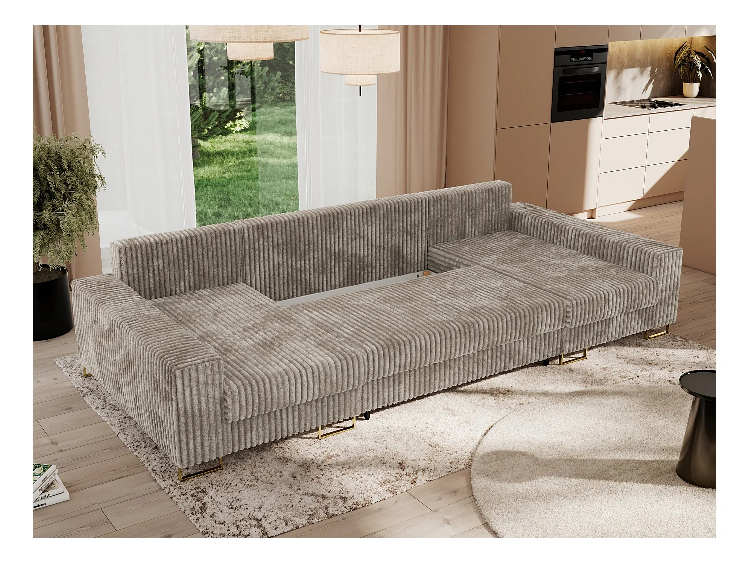 Ecksofa DORIAN U, Wohnlandschaft, Ecksofa mit Armlehnen, schlaffunktion und Bettkästen - Hellbraun Cord