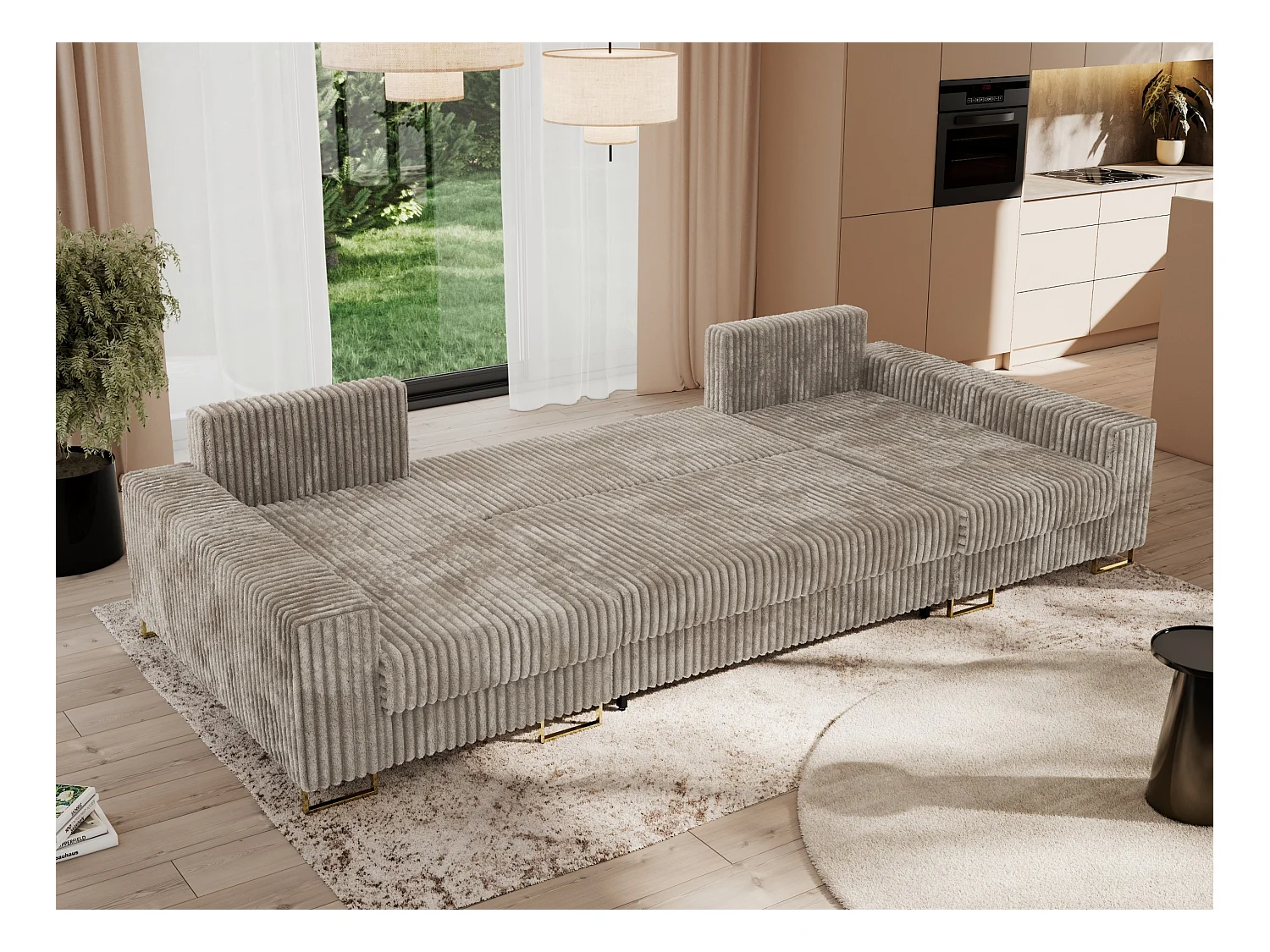 Ecksofa DORIAN U, Wohnlandschaft, Ecksofa mit Armlehnen, schlaffunktion und Bettkästen - Hellbraun Cord