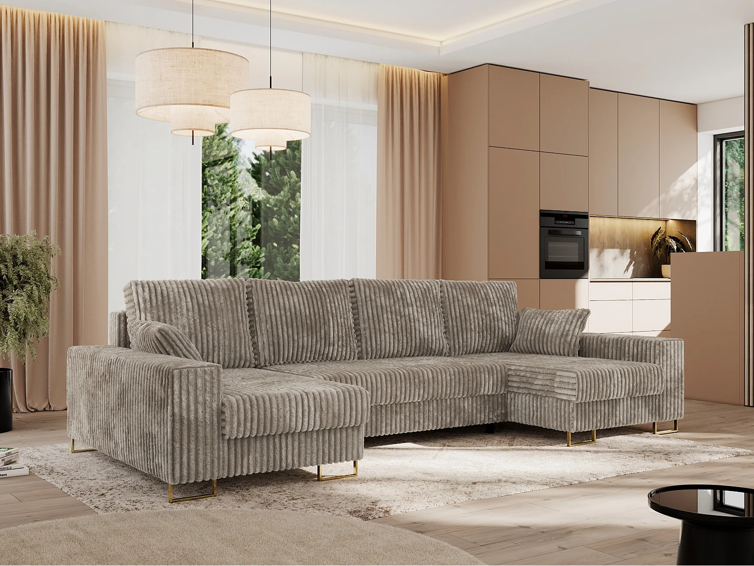 Ecksofa DORIAN U, Wohnlandschaft, Ecksofa mit Armlehnen, schlaffunktion und Bettkästen - Hellbraun Cord