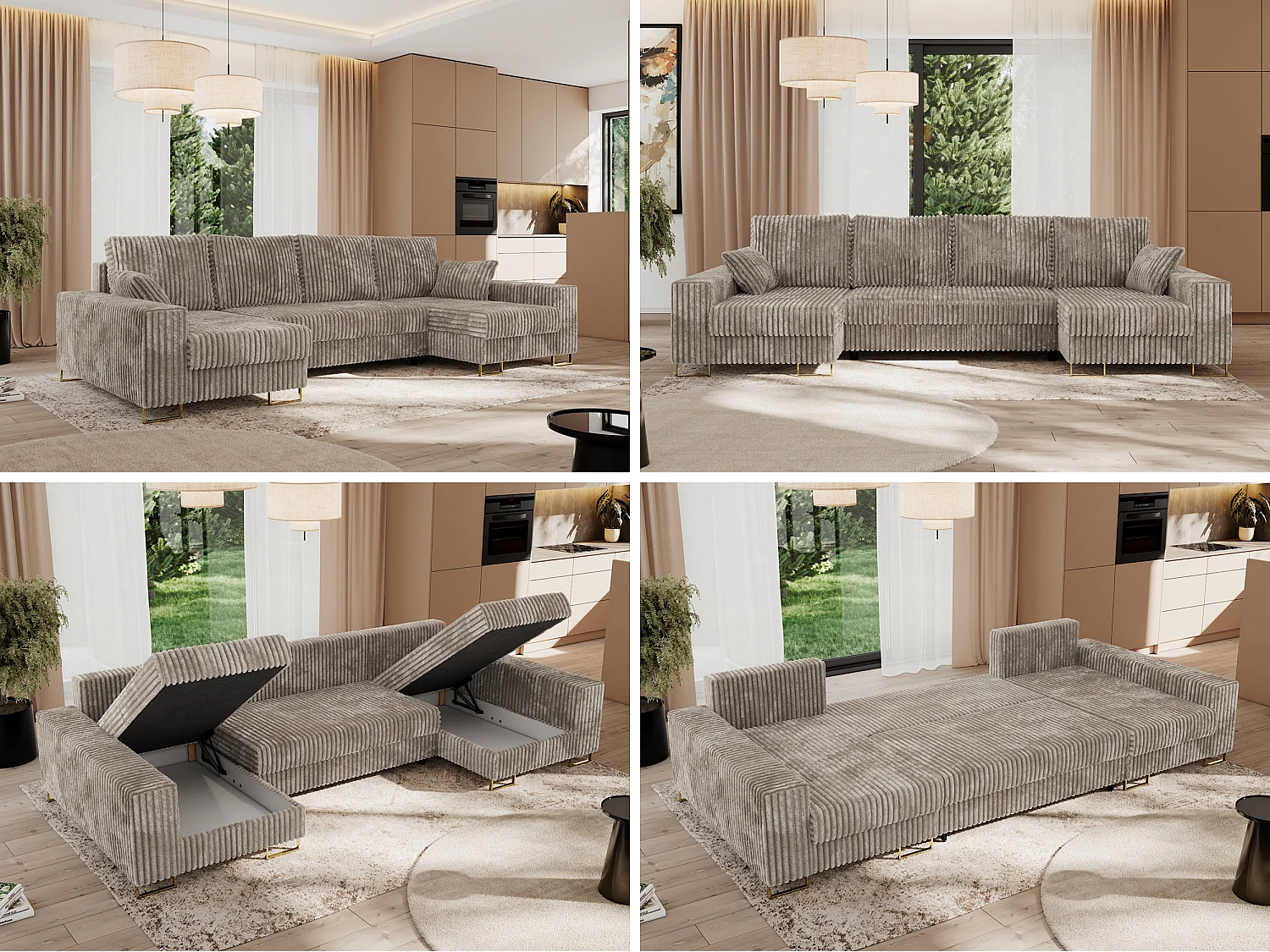 Ecksofa DORIAN U, Wohnlandschaft, Ecksofa mit Armlehnen, schlaffunktion und Bettkästen - Hellbraun Cord