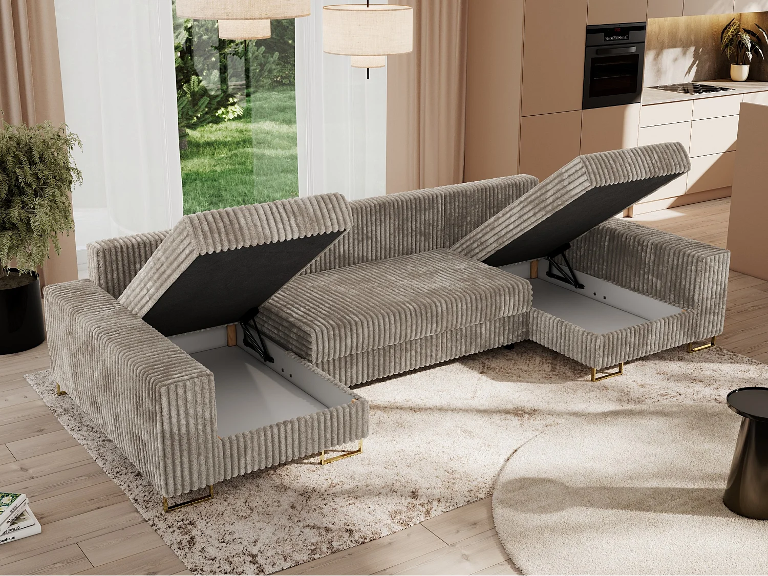 Ecksofa DORIAN U, Wohnlandschaft, Ecksofa mit Armlehnen, schlaffunktion und Bettkästen - Hellbraun Cord