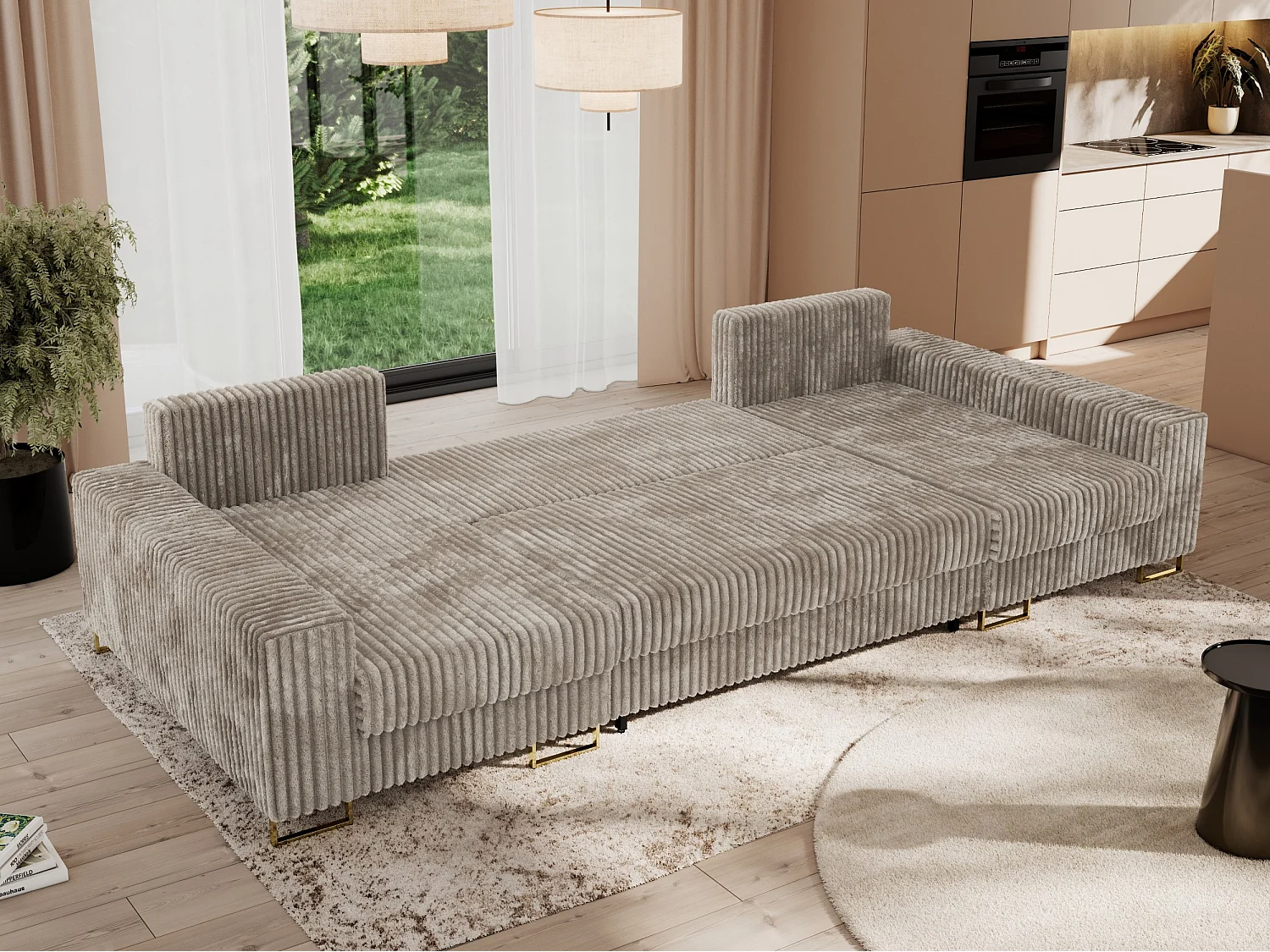 Ecksofa DORIAN U, Wohnlandschaft, Ecksofa mit Armlehnen, schlaffunktion und Bettkästen - Hellbraun Cord