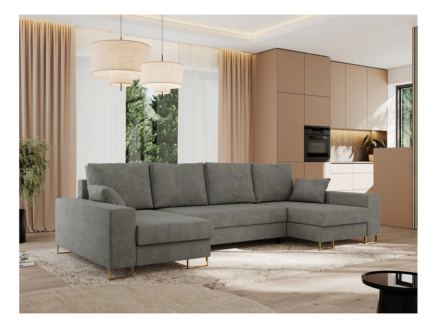 Ecksofa DORIAN U, Wohnlandschaft, Ecksofa mit Armlehnen, schlaffunktion und Bettkästen - Grau Struktur
