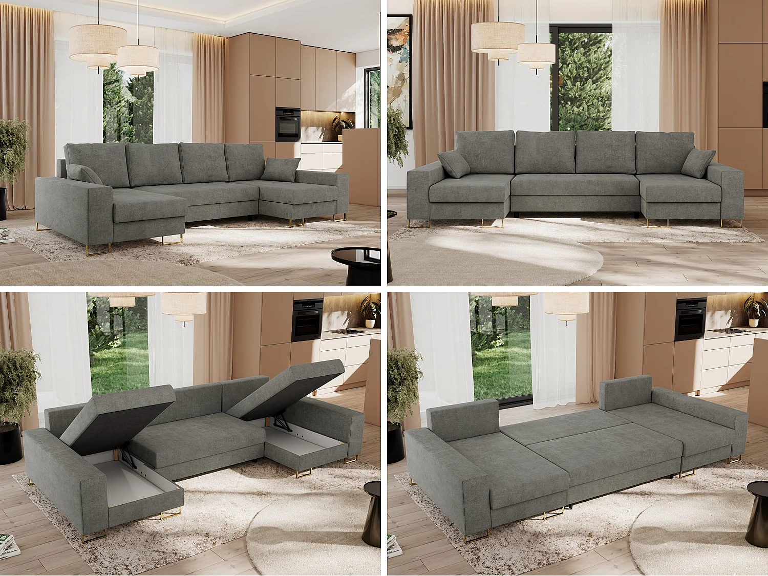 Ecksofa DORIAN U, Wohnlandschaft, Ecksofa mit Armlehnen, schlaffunktion und Bettkästen - Grau Struktur