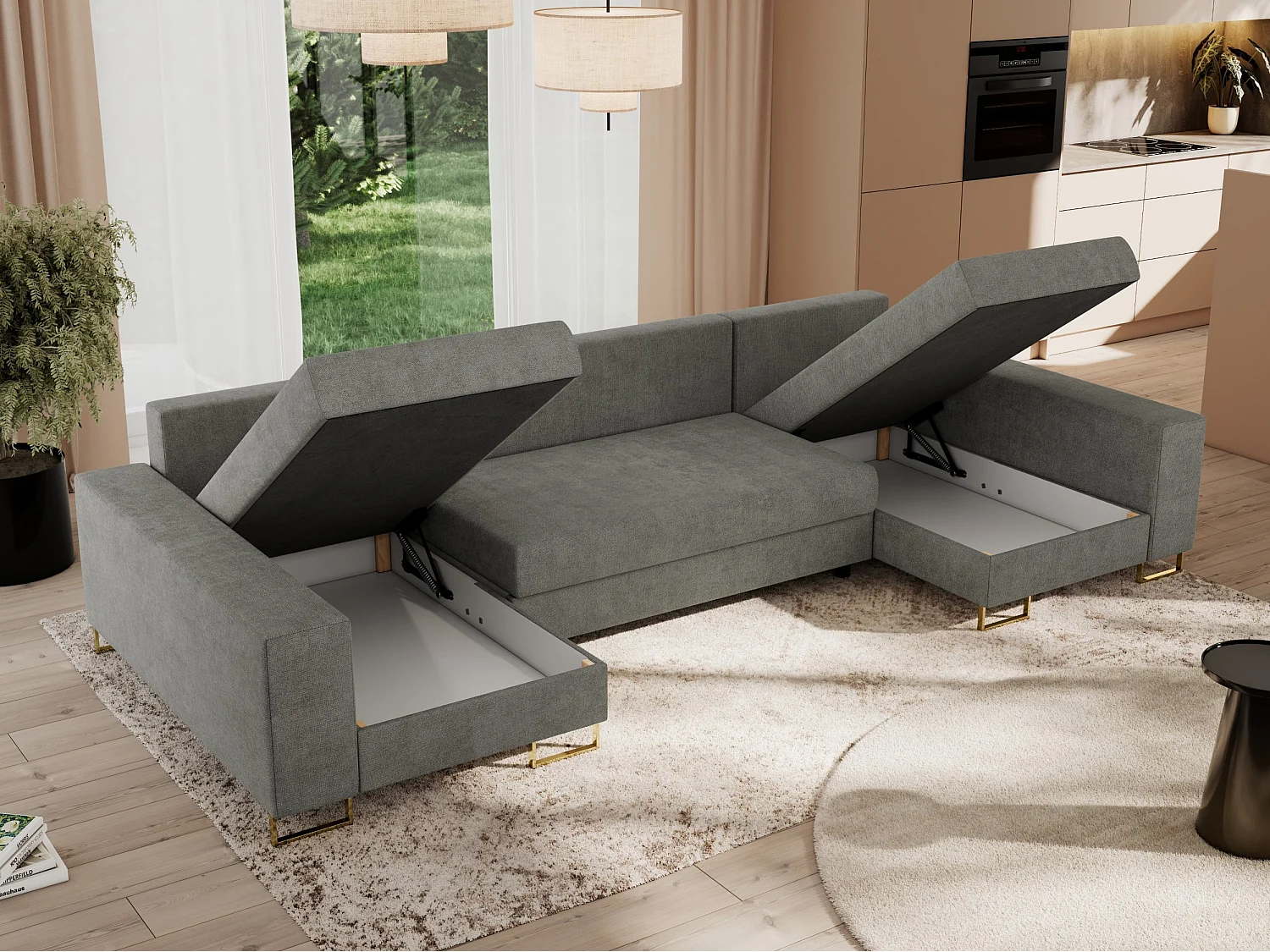 Ecksofa DORIAN U, Wohnlandschaft, Ecksofa mit Armlehnen, schlaffunktion und Bettkästen - Grau Struktur