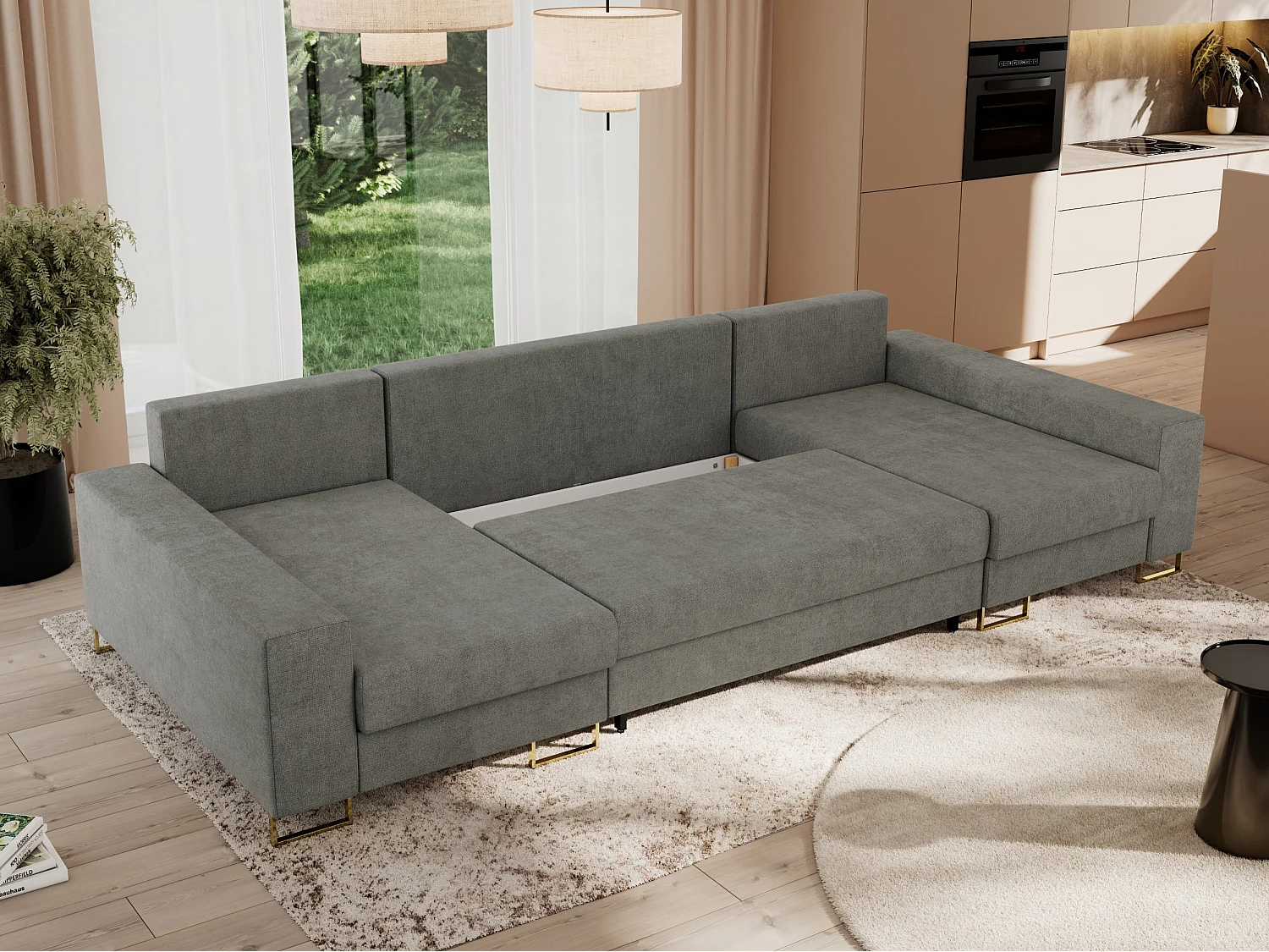 Ecksofa DORIAN U, Wohnlandschaft, Ecksofa mit Armlehnen, schlaffunktion und Bettkästen - Grau Struktur