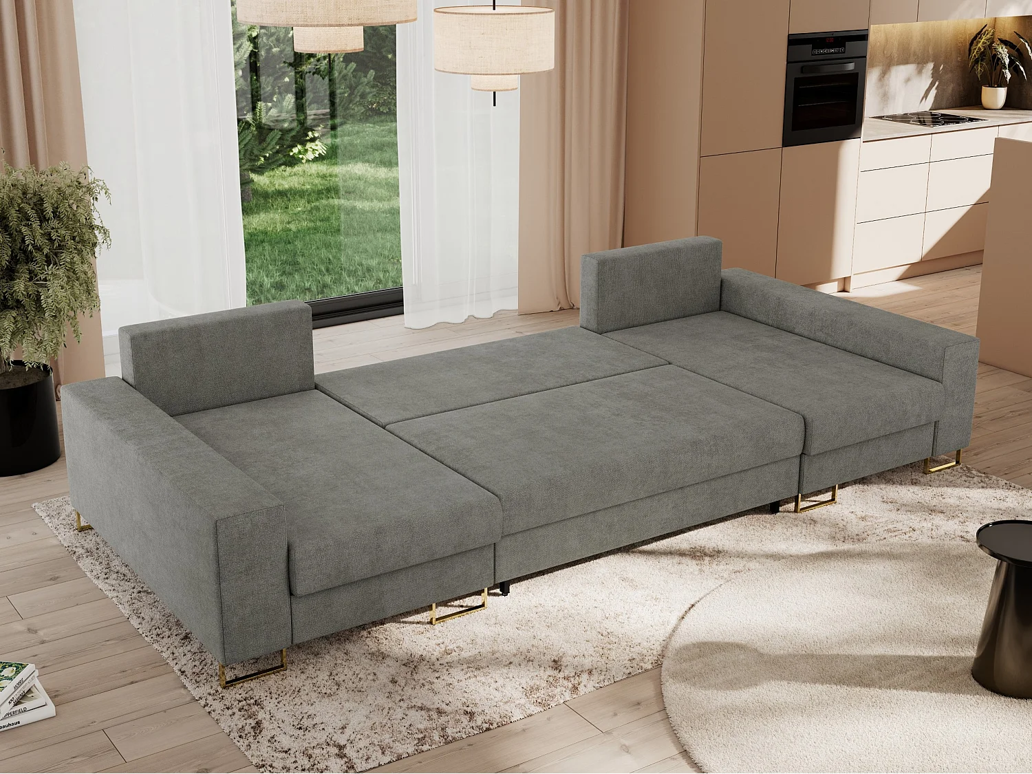 Ecksofa DORIAN U, Wohnlandschaft, Ecksofa mit Armlehnen, schlaffunktion und Bettkästen - Grau Struktur