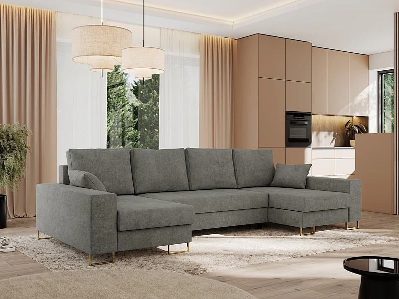 Ecksofa DORIAN U, Wohnlandschaft, Ecksofa mit Armlehnen, schlaffunktion und Bettkästen - Grau Struktur