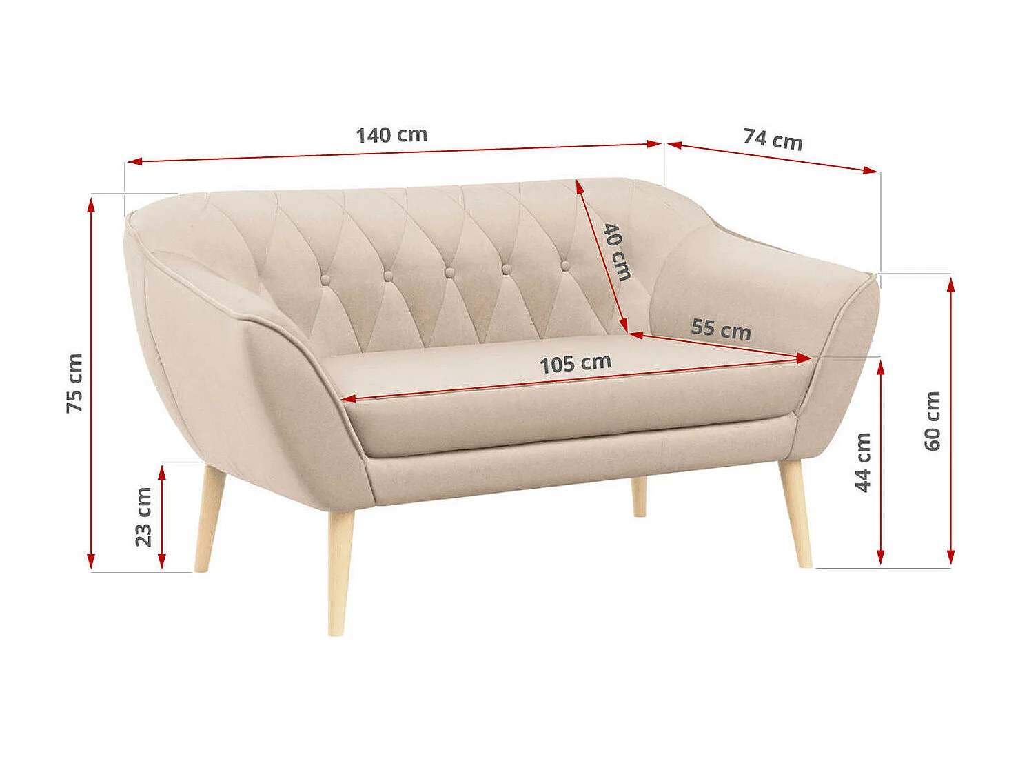 Sofa PIRS - 2-Sitzer, mit Armlehnen, Skandinavisches Design - Beige Velvet