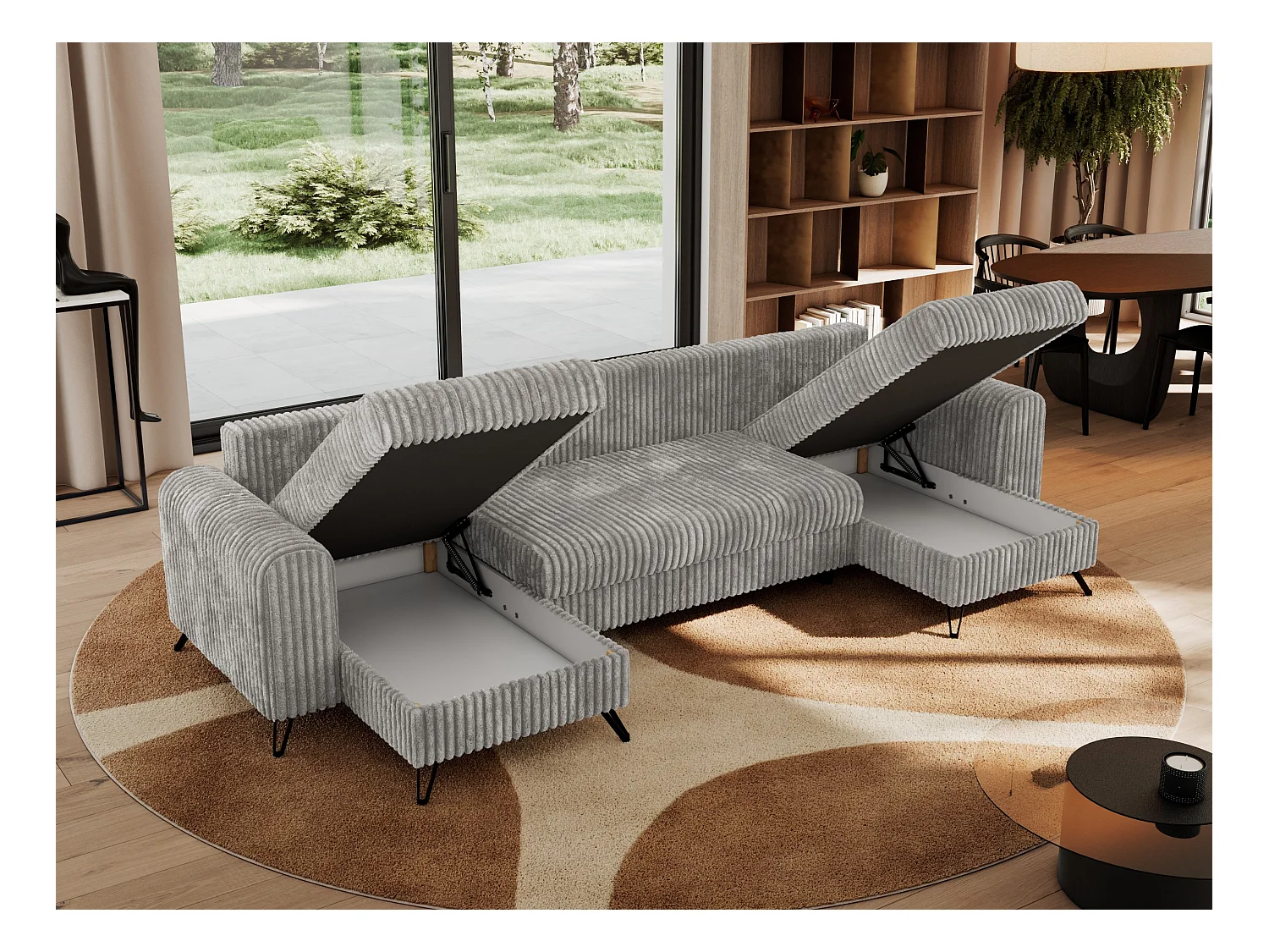 Ecksofa AXEL U, lose kissen, Ecksofa l-förmig, schlaffunktion und Bettkästen - Hellgrau Cord