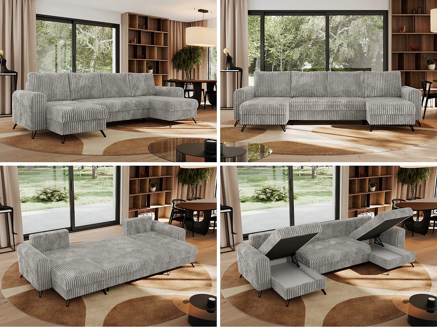 Ecksofa AXEL U, lose kissen, Ecksofa l-förmig, schlaffunktion und Bettkästen - Hellgrau Cord