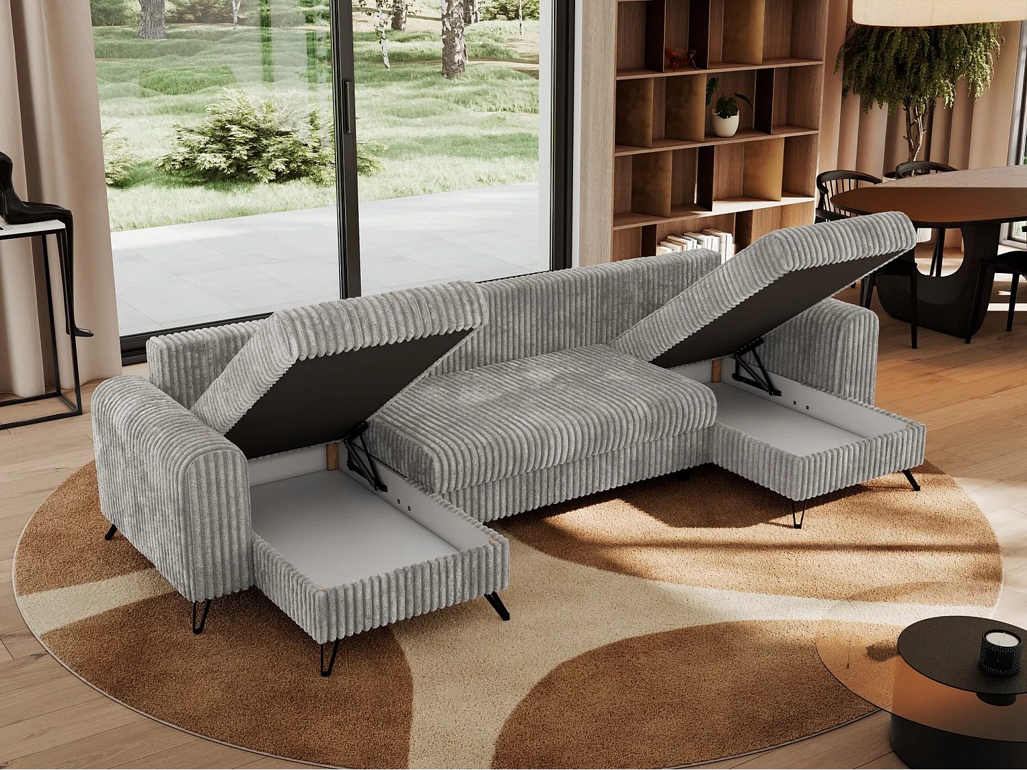 Ecksofa AXEL U, lose kissen, Ecksofa l-förmig, schlaffunktion und Bettkästen - Hellgrau Cord