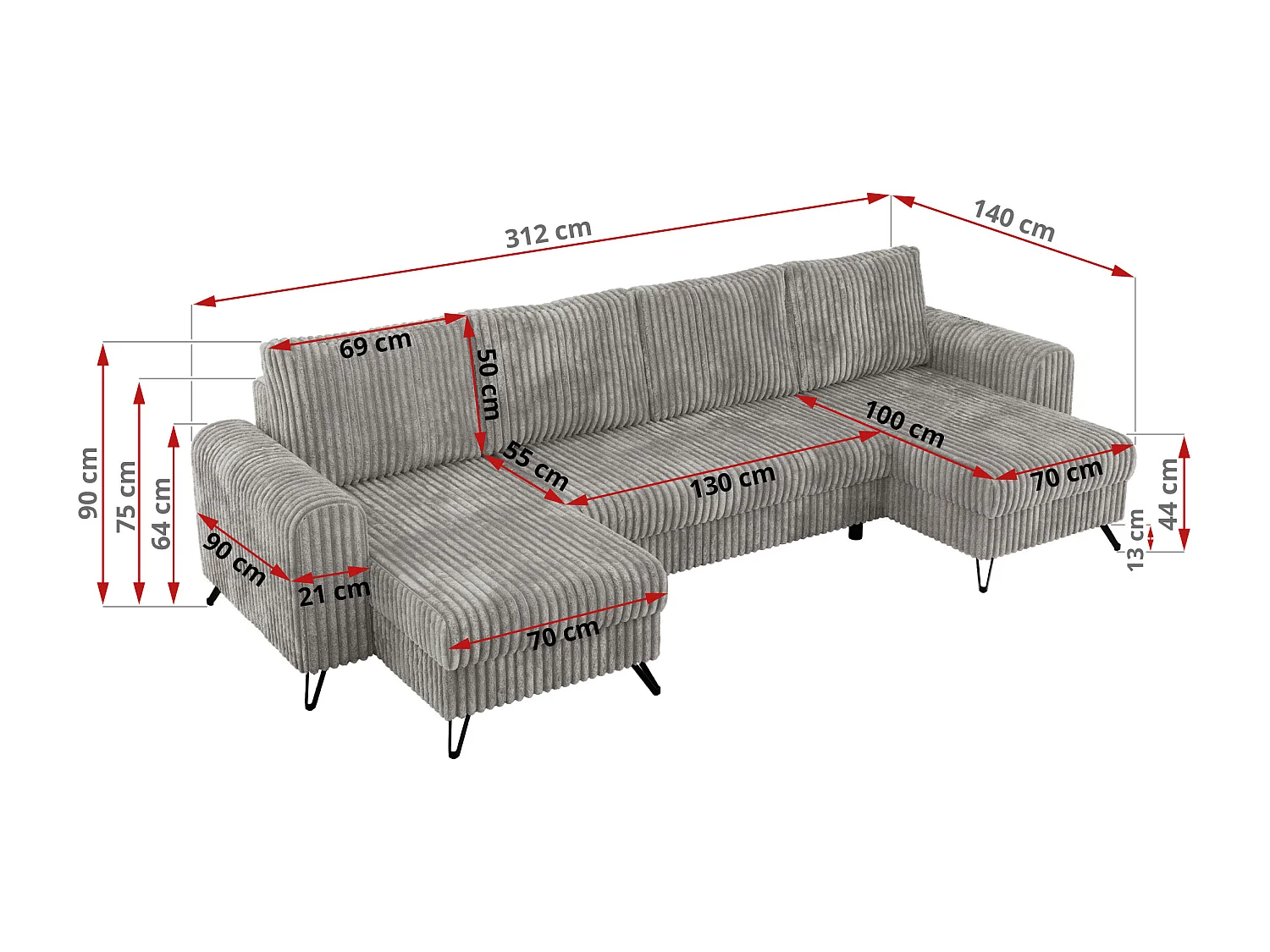 Ecksofa AXEL U, lose kissen, Ecksofa l-förmig, schlaffunktion und Bettkästen - Hellgrau Cord