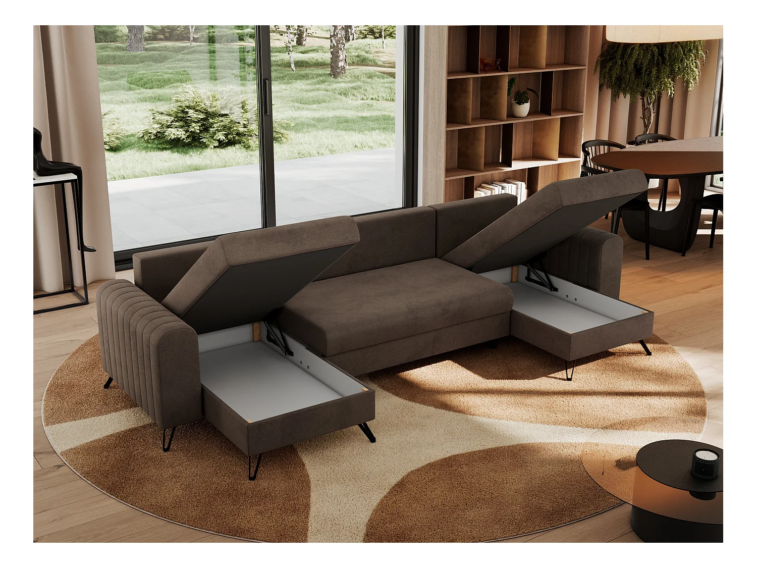 Ecksofa AXEL U, lose kissen, Ecksofa l-förmig, schlaffunktion und Bettkästen - Braun Velvet