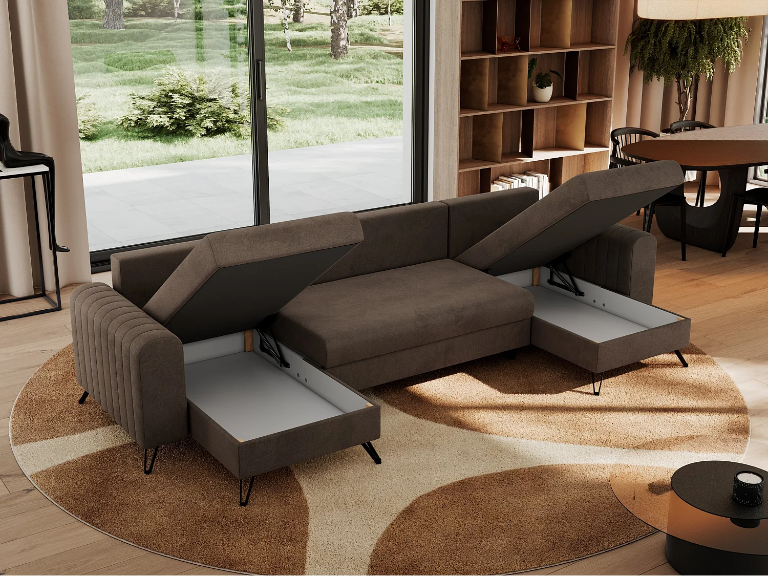 Ecksofa AXEL U, lose kissen, Ecksofa l-förmig, schlaffunktion und Bettkästen - Braun Velvet